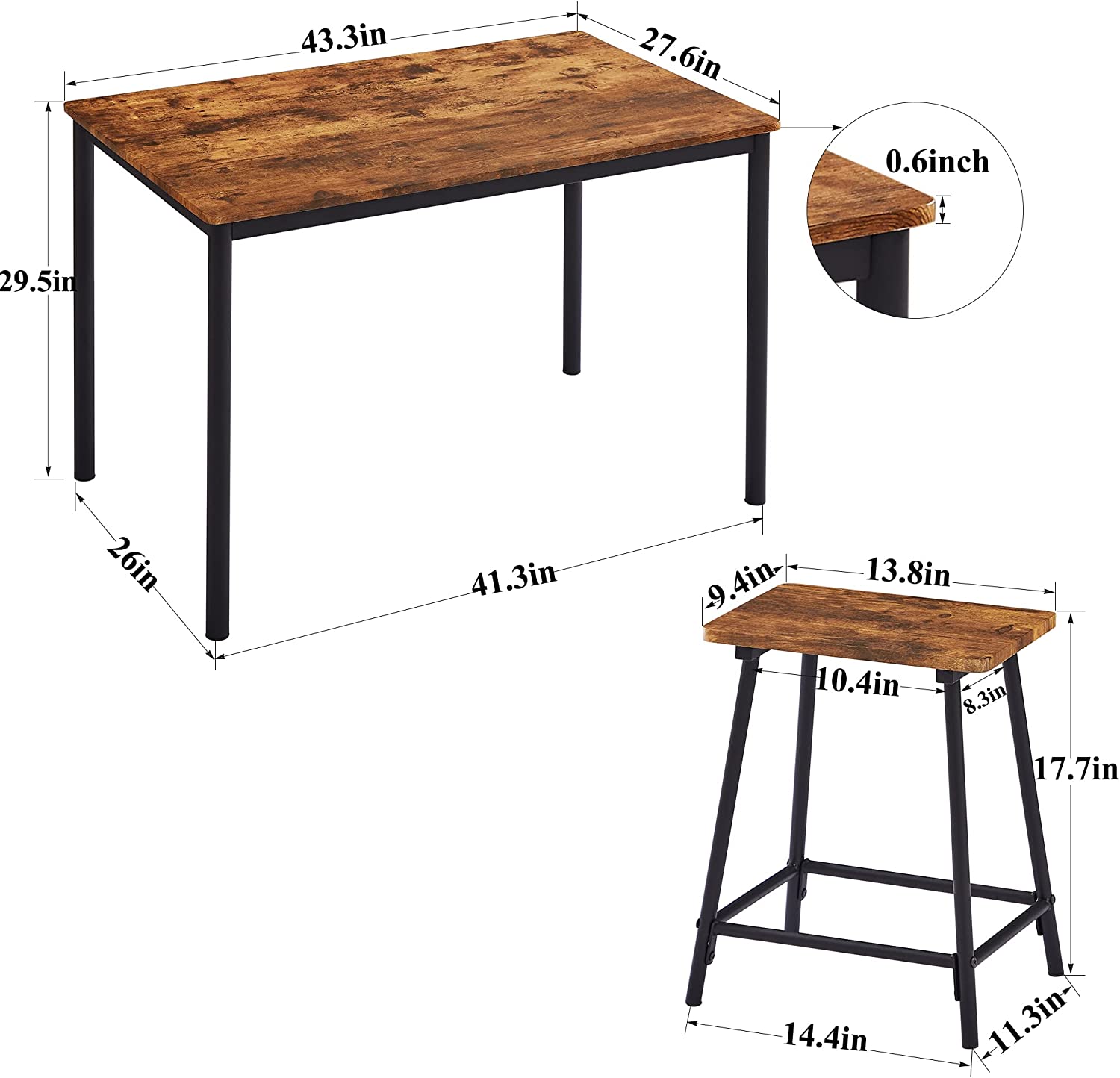 VECELO 5-Piece Dining Table Set Metal and Wood Kitchen Furniture with 4 Stools - VECELO