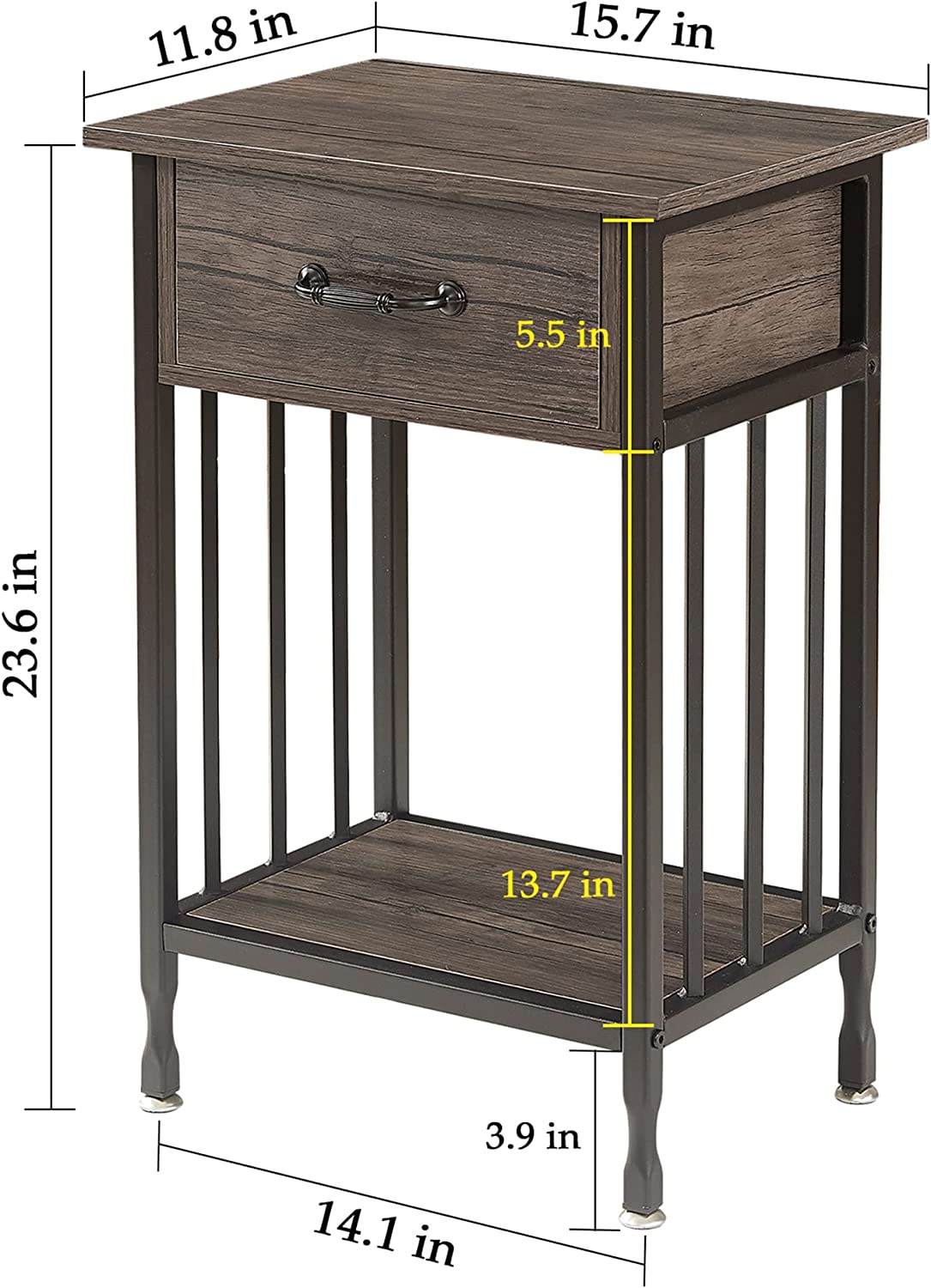 VECELO Industrial End Table,Nightstand with Drawer and Storage Shelf