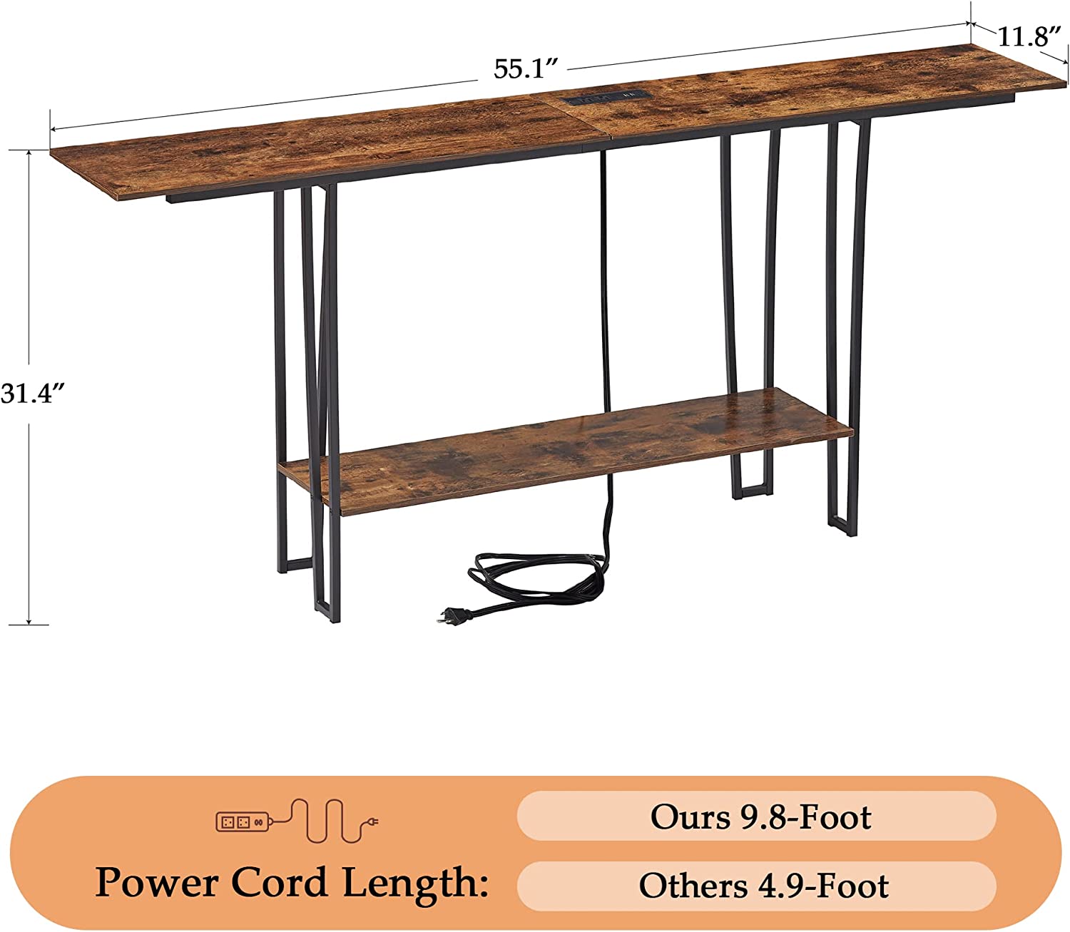 VECELO Couch Side & Console Table with 2 Outlets & 2 USB Ports - VECELO