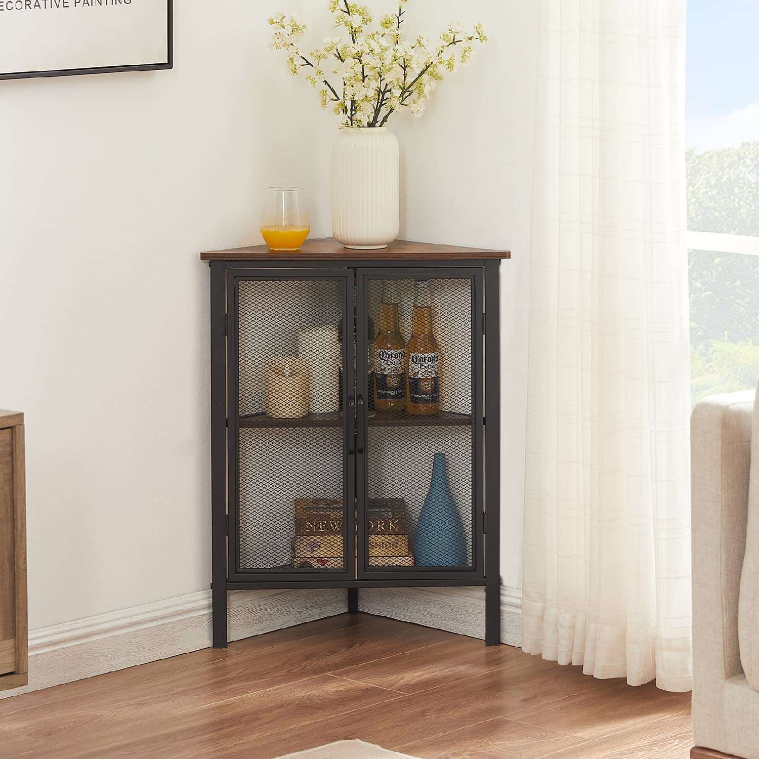 VECELO 3 Tier Corner Cabinet Shelf Display Rack with Grid Doors - VECELO