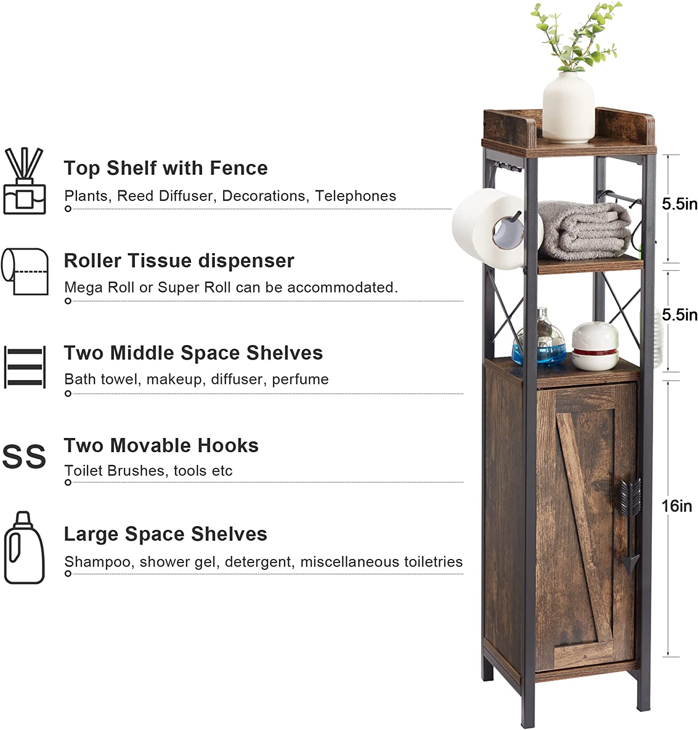 VECELO Small Bathroom Cabinet, Slim Toilet Paper Holder with Door & 2 Shelves
