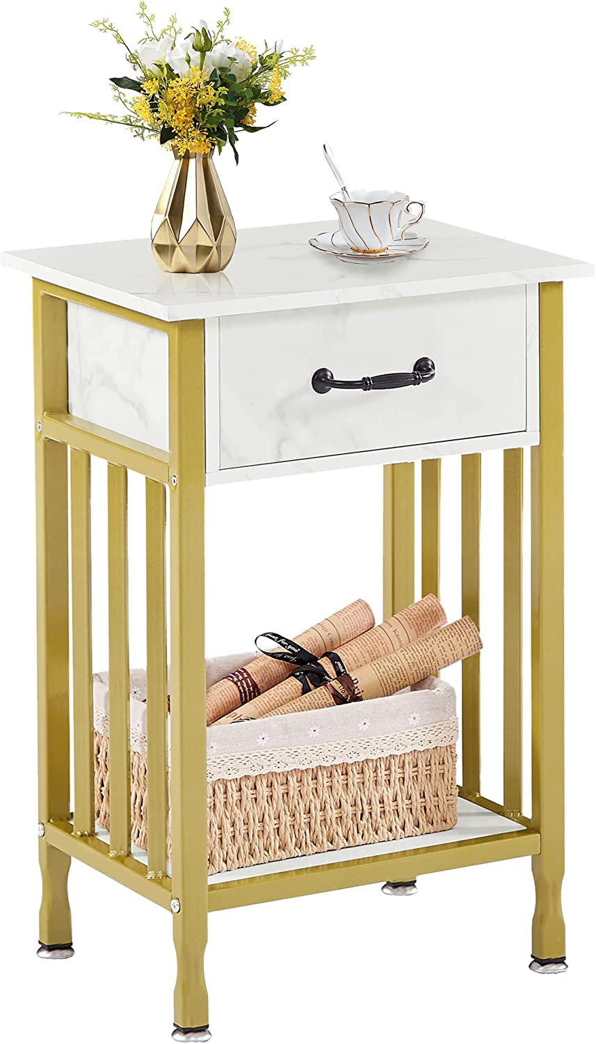 VECELO Industrial End Table,Nightstand with Drawer and Storage Shelf