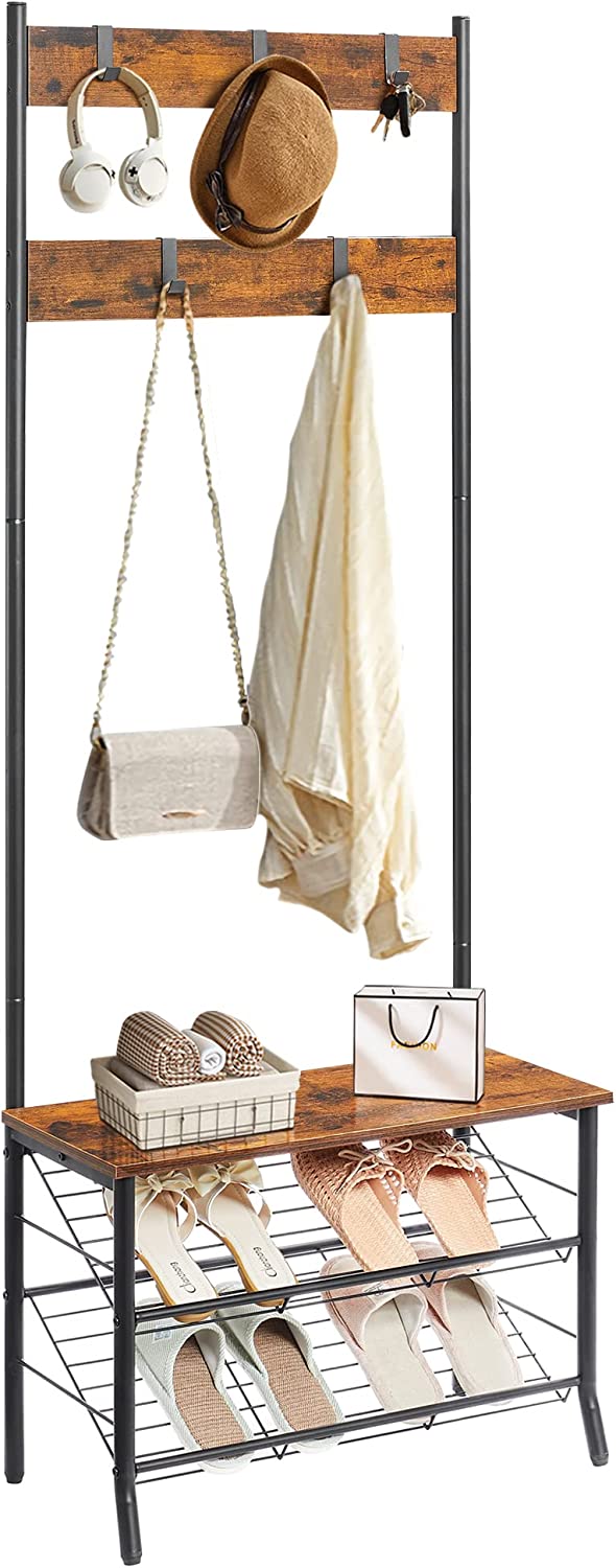 VECELO Entryway Coat Rack with 2 Tier Shoe Rack, 71 Inch Hall Trees with Bench,Shoe Storage and 5 Portable Hooks for Living Room, Bedroom