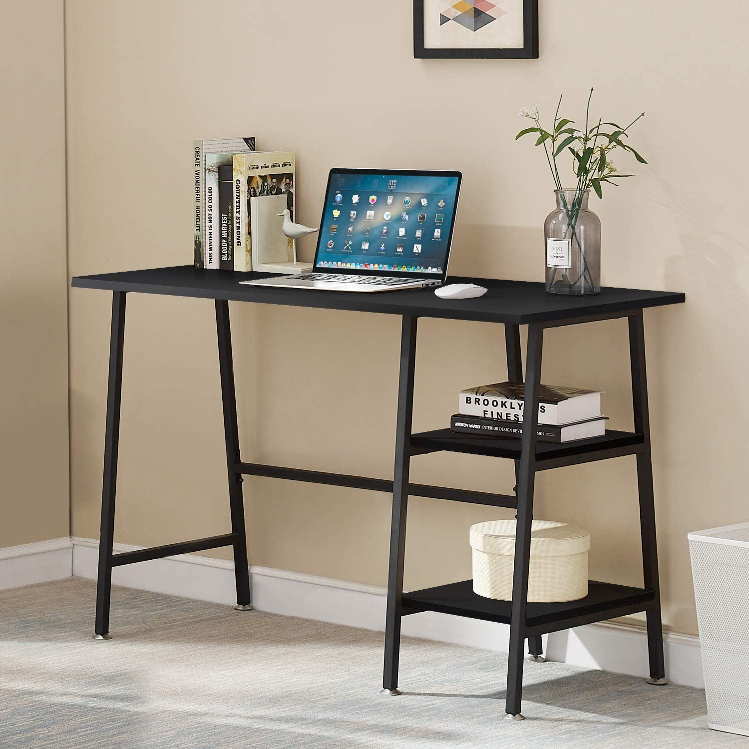 VECELO Computer Writing Desk with 2 Tier Storage Shelves, Modern Simple Student Study Table - VECELO