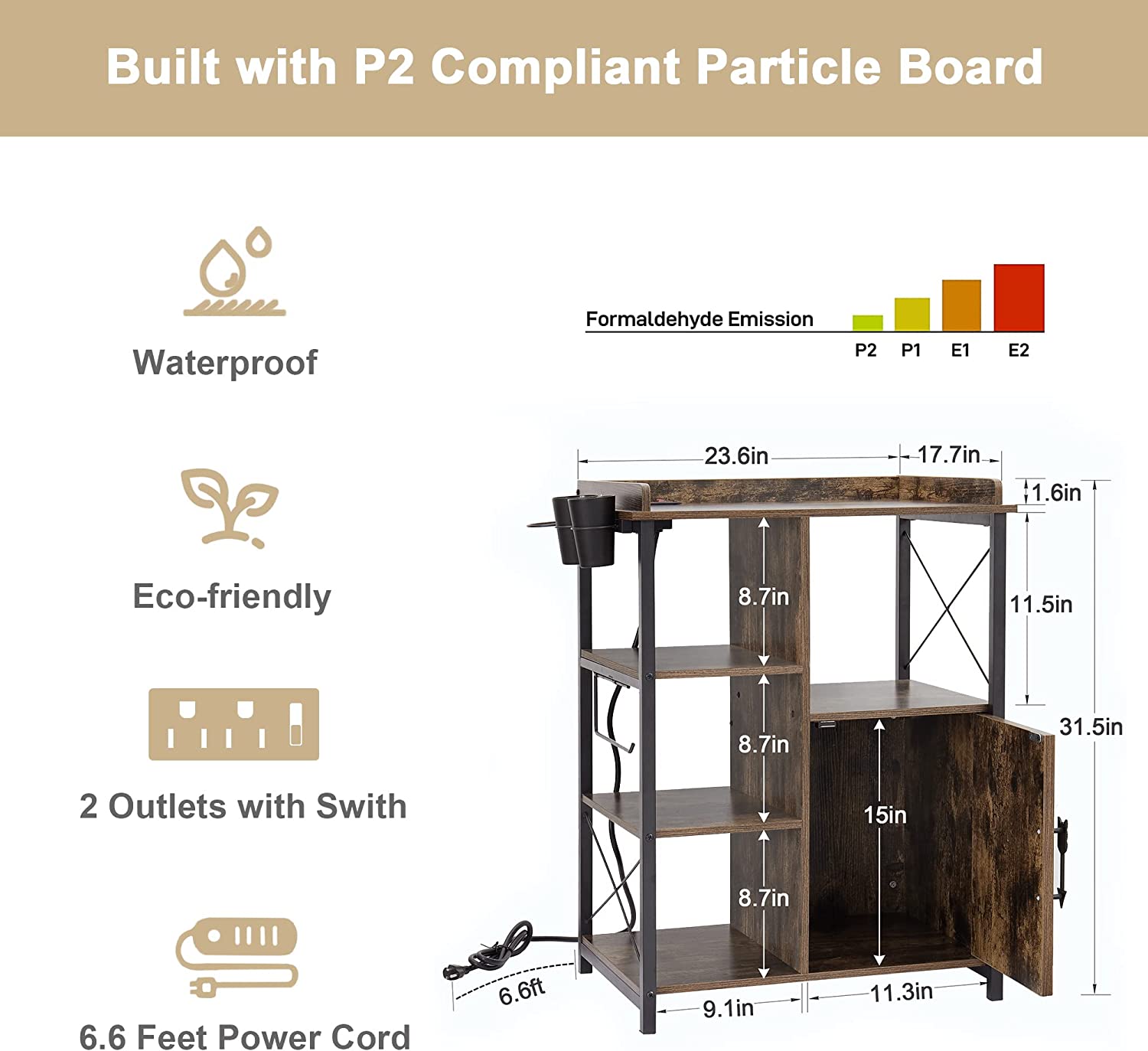 VECELO Floor Cabinet, Freestanding Storage Organizer with 2 Outlets & 3 Shelves for Bathroom, Kitchen,Hallway