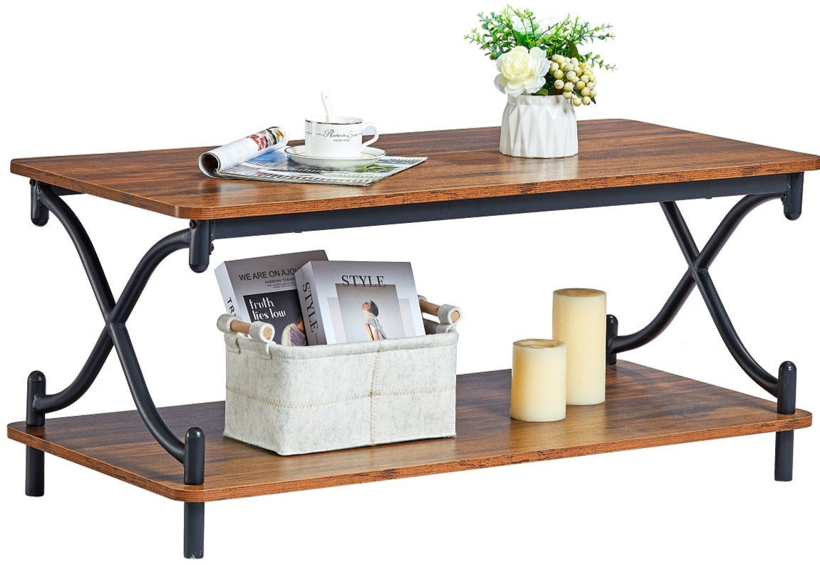 VECELO Coffee Table with Storage and Open Shelves for Living Room X-Shape Frame - VECELO