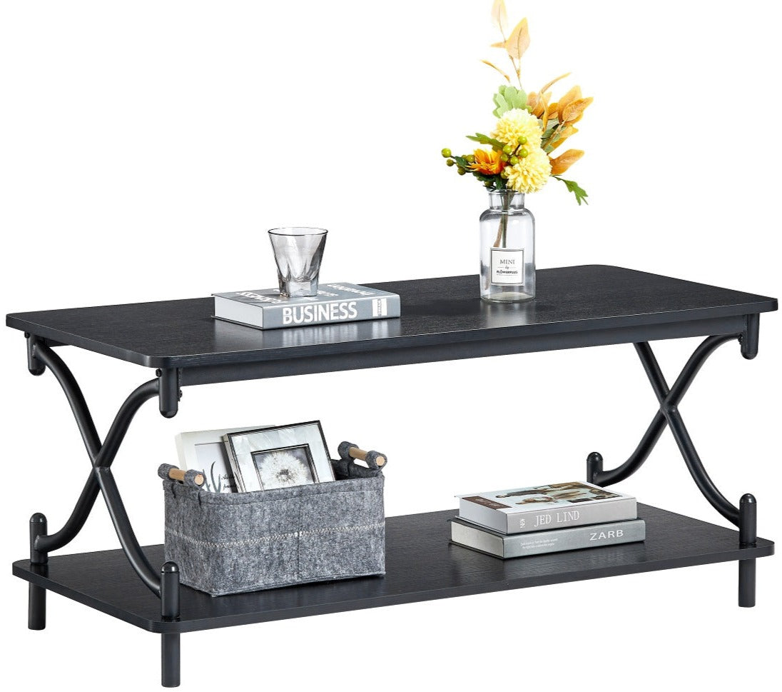 VECELO Coffee Table with Storage and Open Shelves for Living Room X-Shape Frame - VECELO