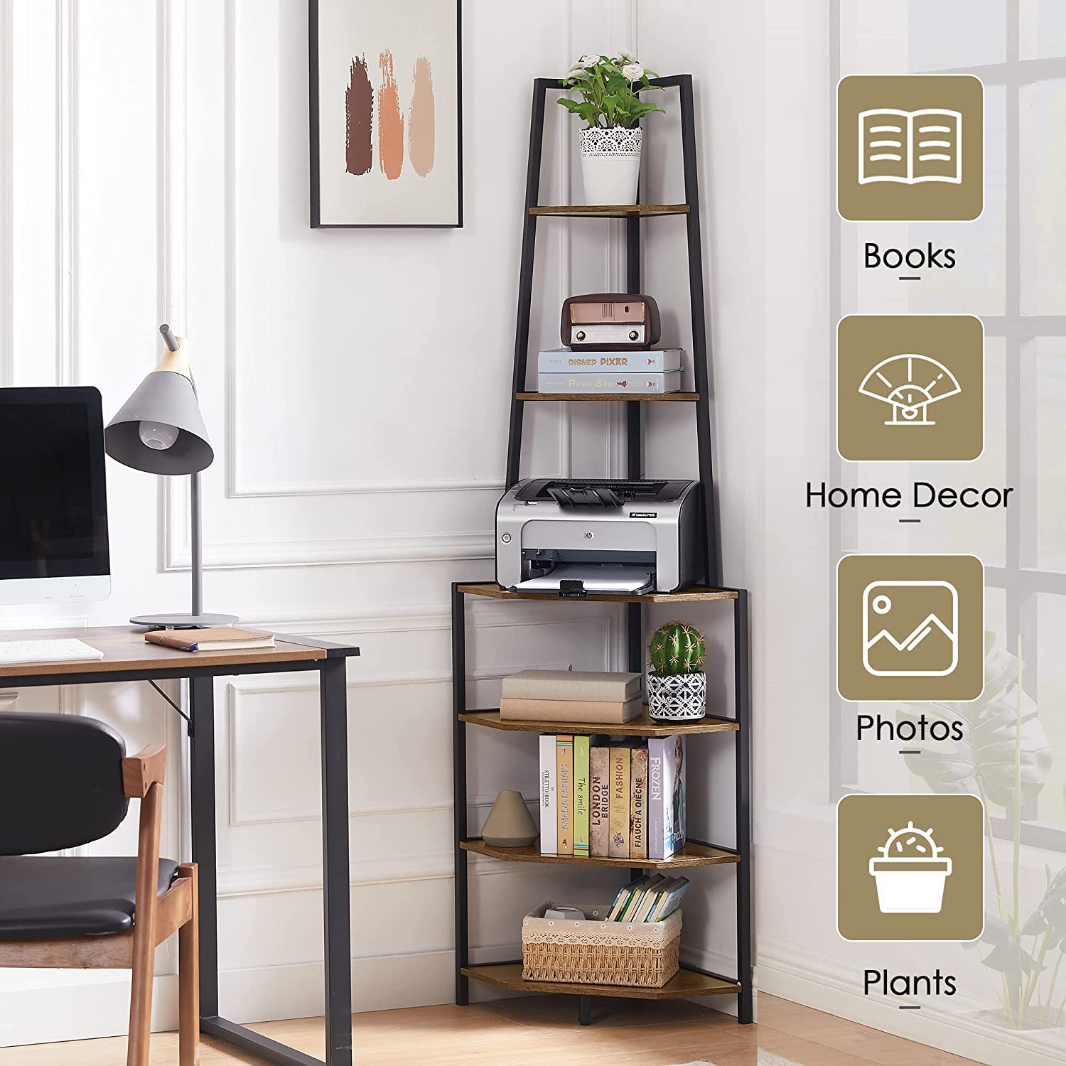 VECELO 6 Tier Corner Shelf, 69 Inch Industrial Bookshelf/Storage Stand with Metal Frame - VECELO