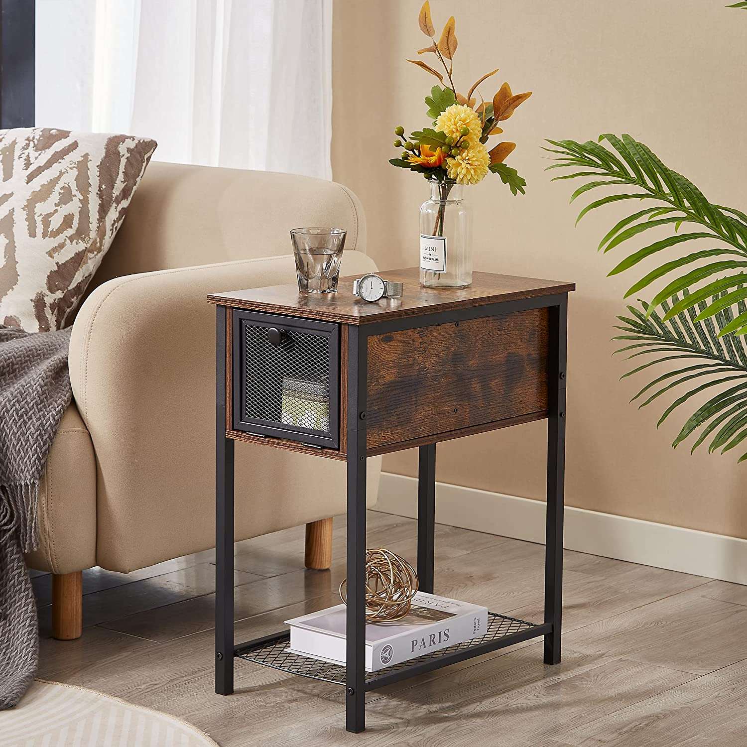 VECELO 24''Tall Flip Top Narrow Side Table with Storage Shelf for Living Room - VECELO