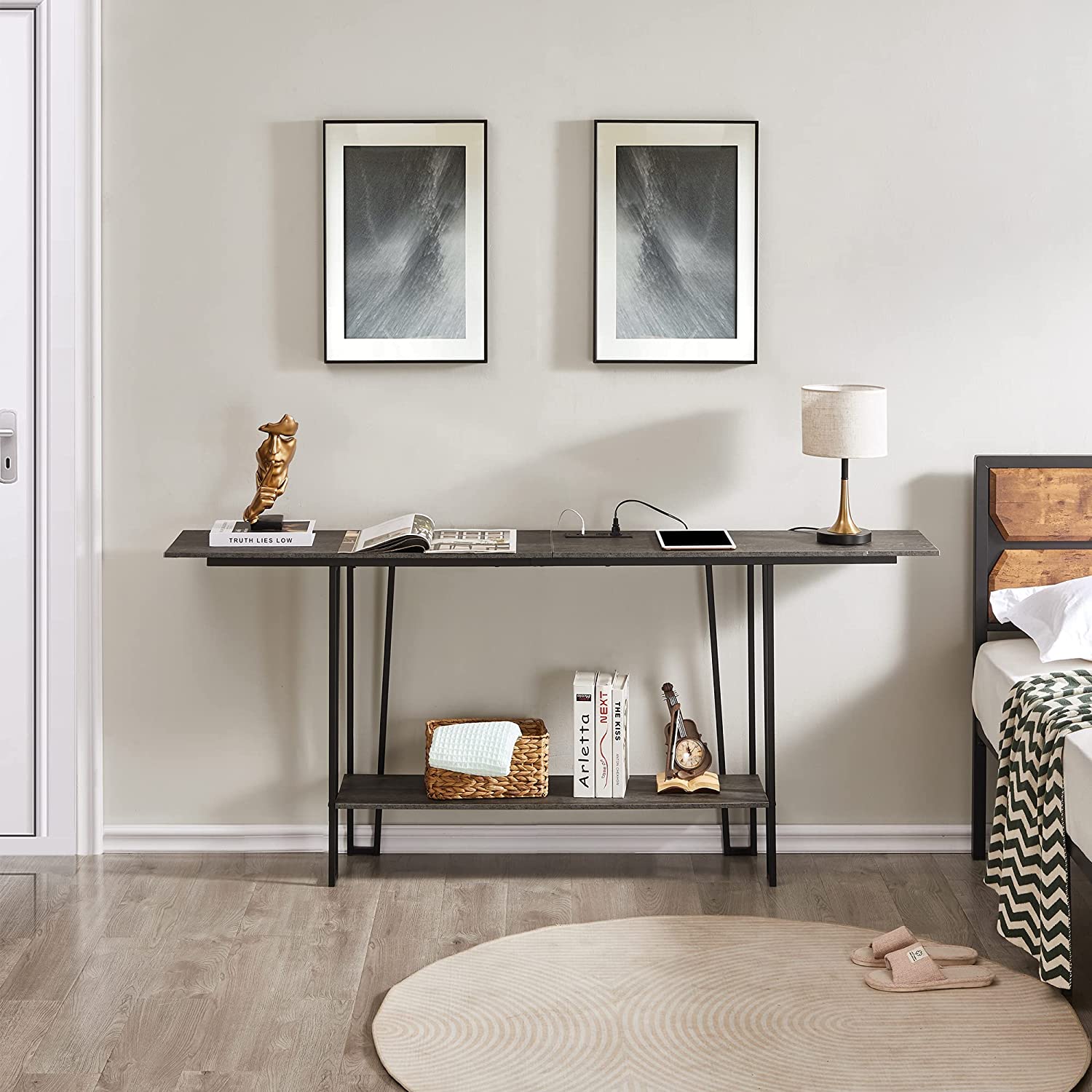 VECELO Couch Side & Console Table with 2 Outlets & 2 USB Ports - VECELO