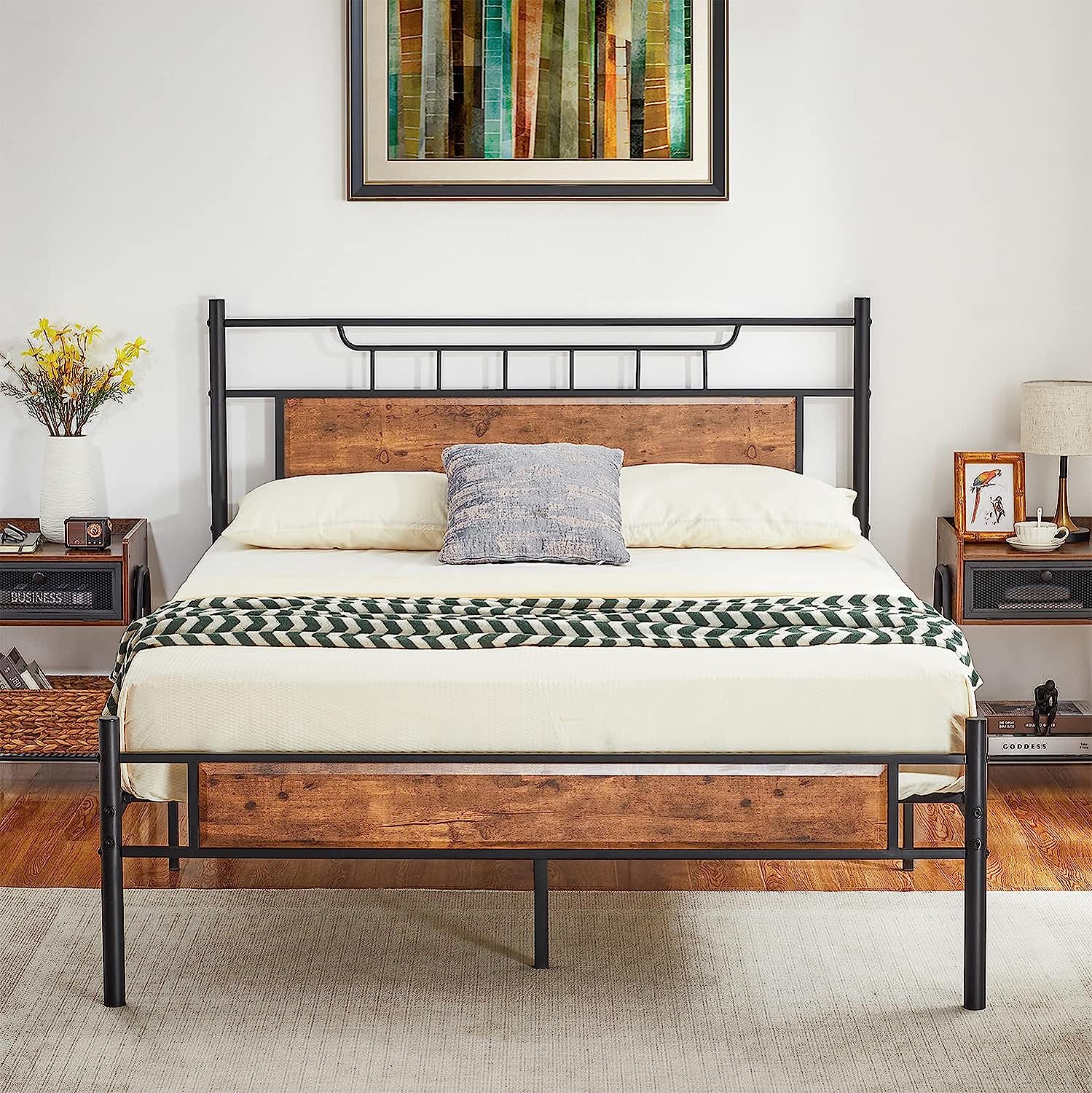 VECELO Platform Bed Frame with Wood Headboard No Box Spring Needed Heavy Duty Steel Slat