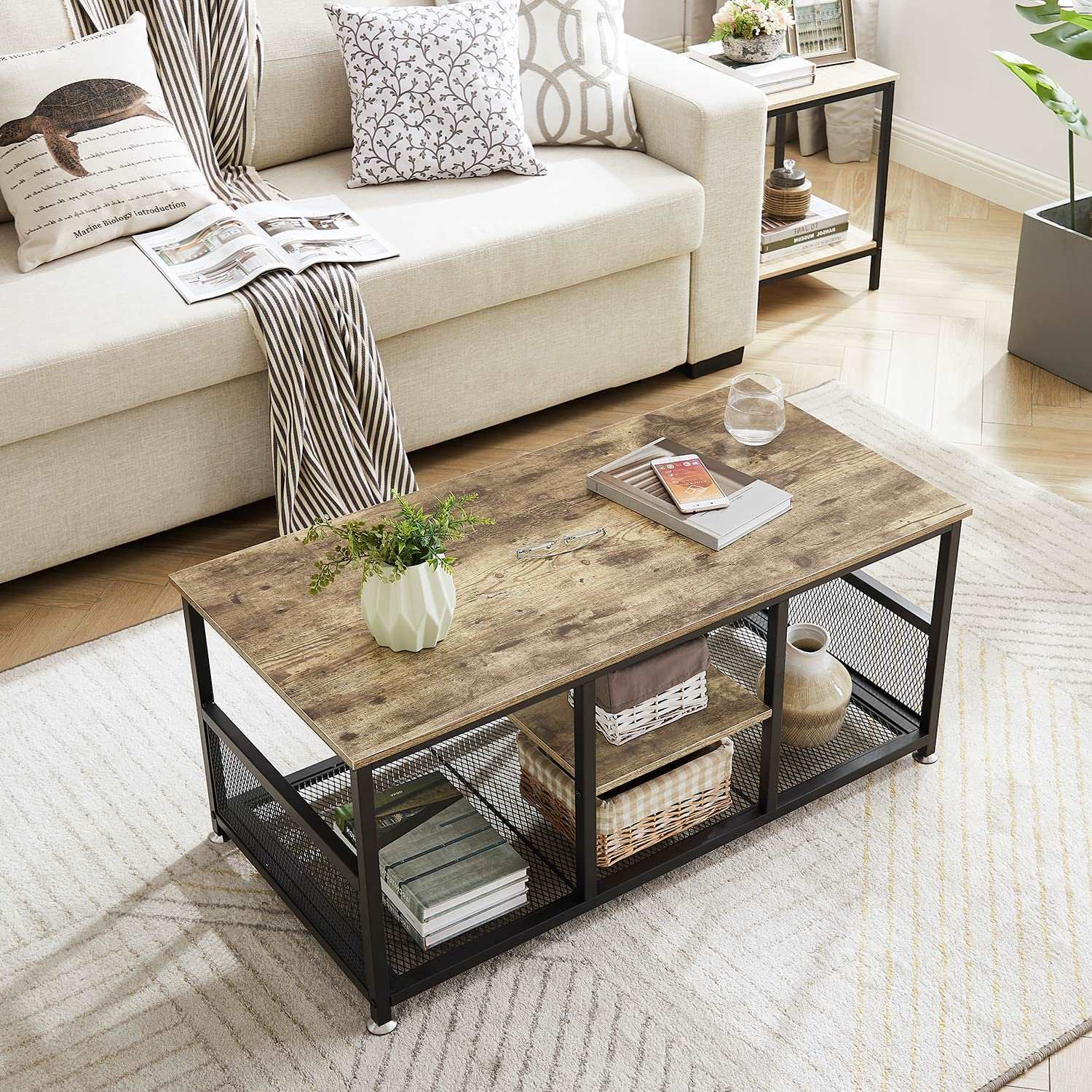 VECELO 39.4 Inch TV Stand/Coffee Table with Storage and Mesh Shelf for Living Room - VECELO