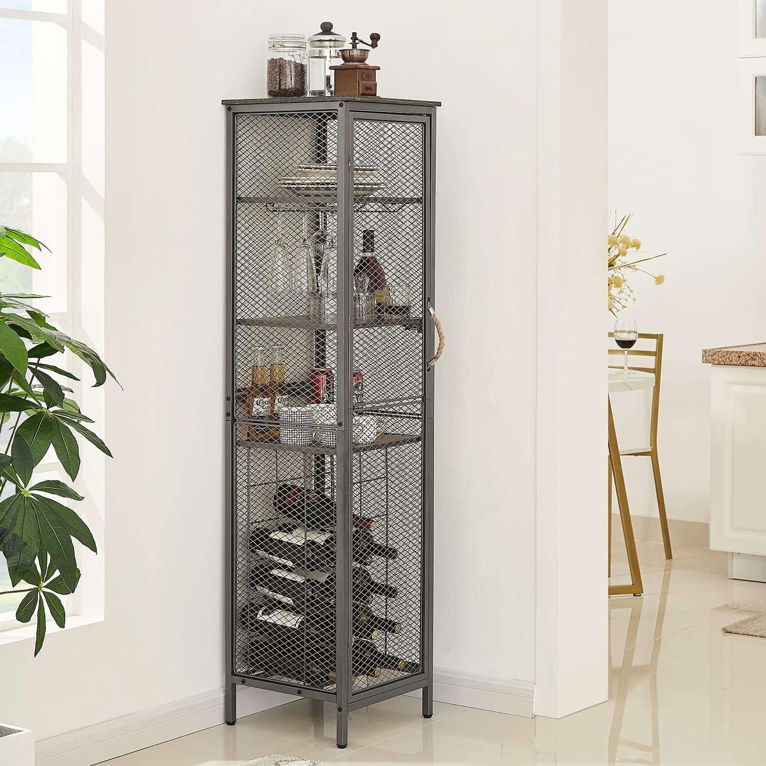 VECELO 3 tier Industrial Wine Bar Rack Storage Cabinet for Liquor and Glasses Holder Dishes
