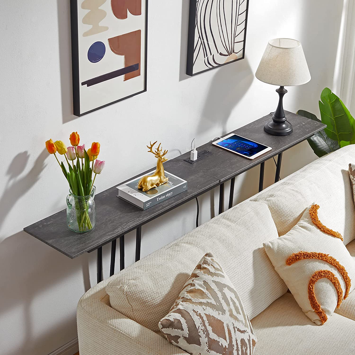 VECELO Couch Side & Console Table with 2 Outlets & 2 USB Ports - VECELO