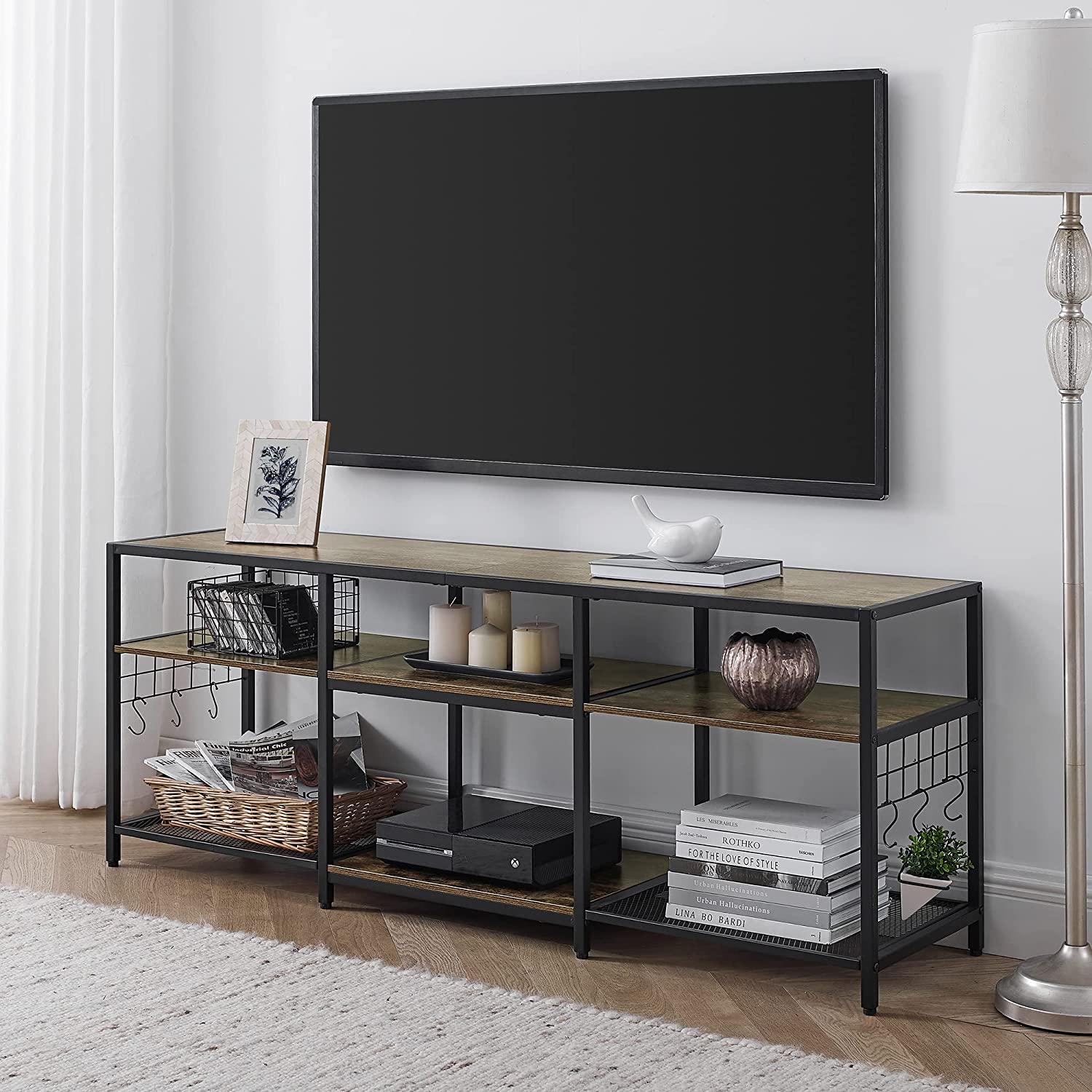 VECELO TV Stand Entertainment Center Media Console with 3-Tier Open Storage Shelves, Cabinet Table for Living Room Brown