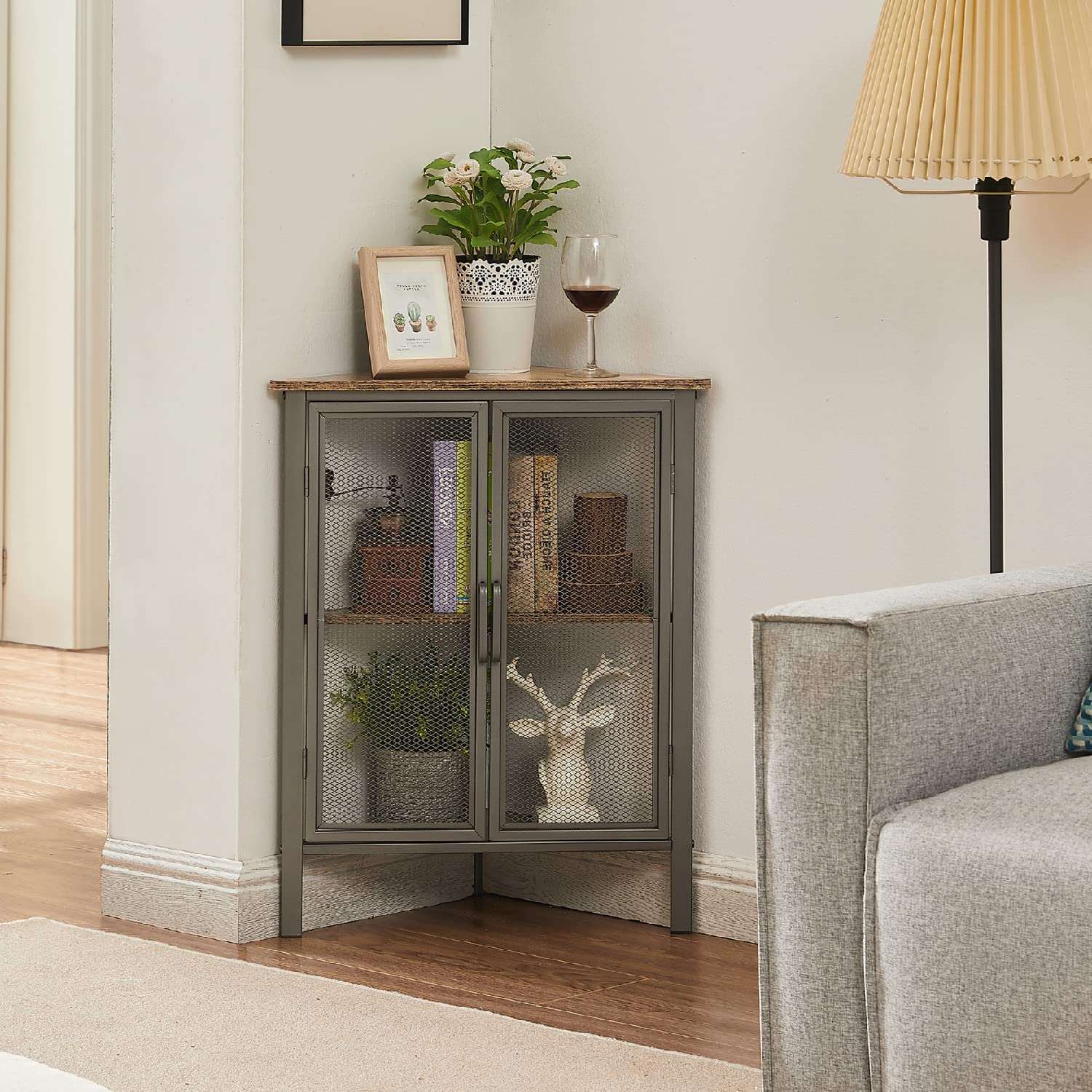 VECELO 3 Tier Corner Cabinet Shelf Display Rack with Grid Doors - VECELO