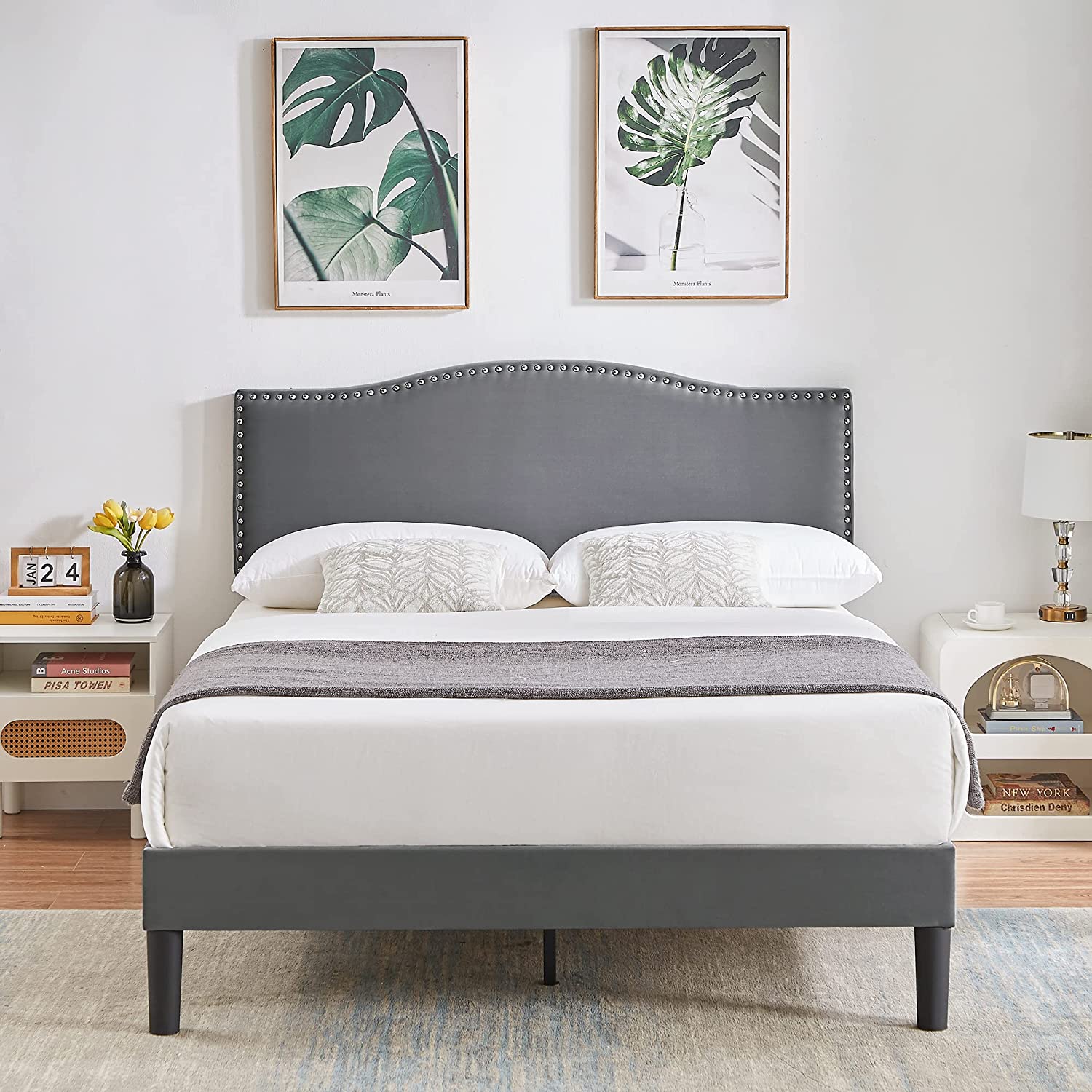VECELO Bed Frame Platform with Upholstered Headboard & Wooden Slats Support - VECELO