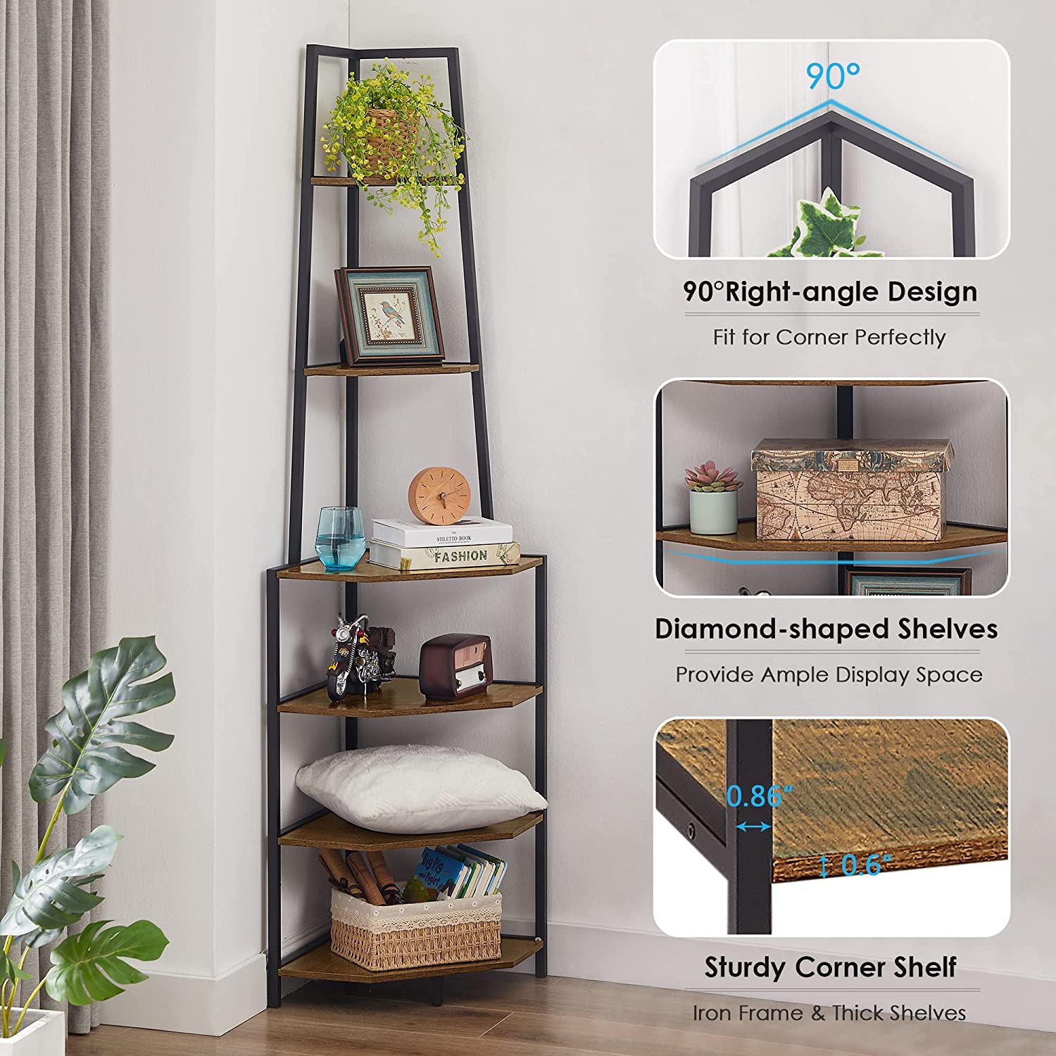 VECELO 6 Tier Corner Shelf, 69 Inch Industrial Bookshelf/Storage Stand with Metal Frame - VECELO