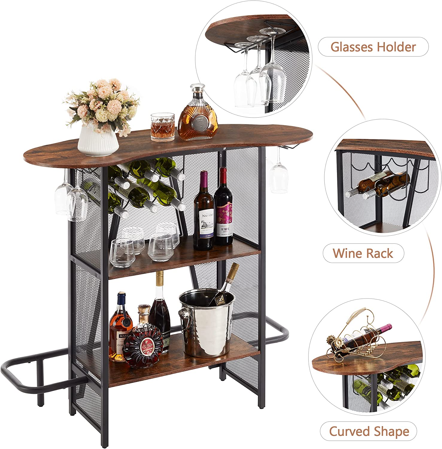 VECELO Bar Unit with Metal Mesh Front, 3-Tier Wine Rack Table with Glasses Holder - VECELO