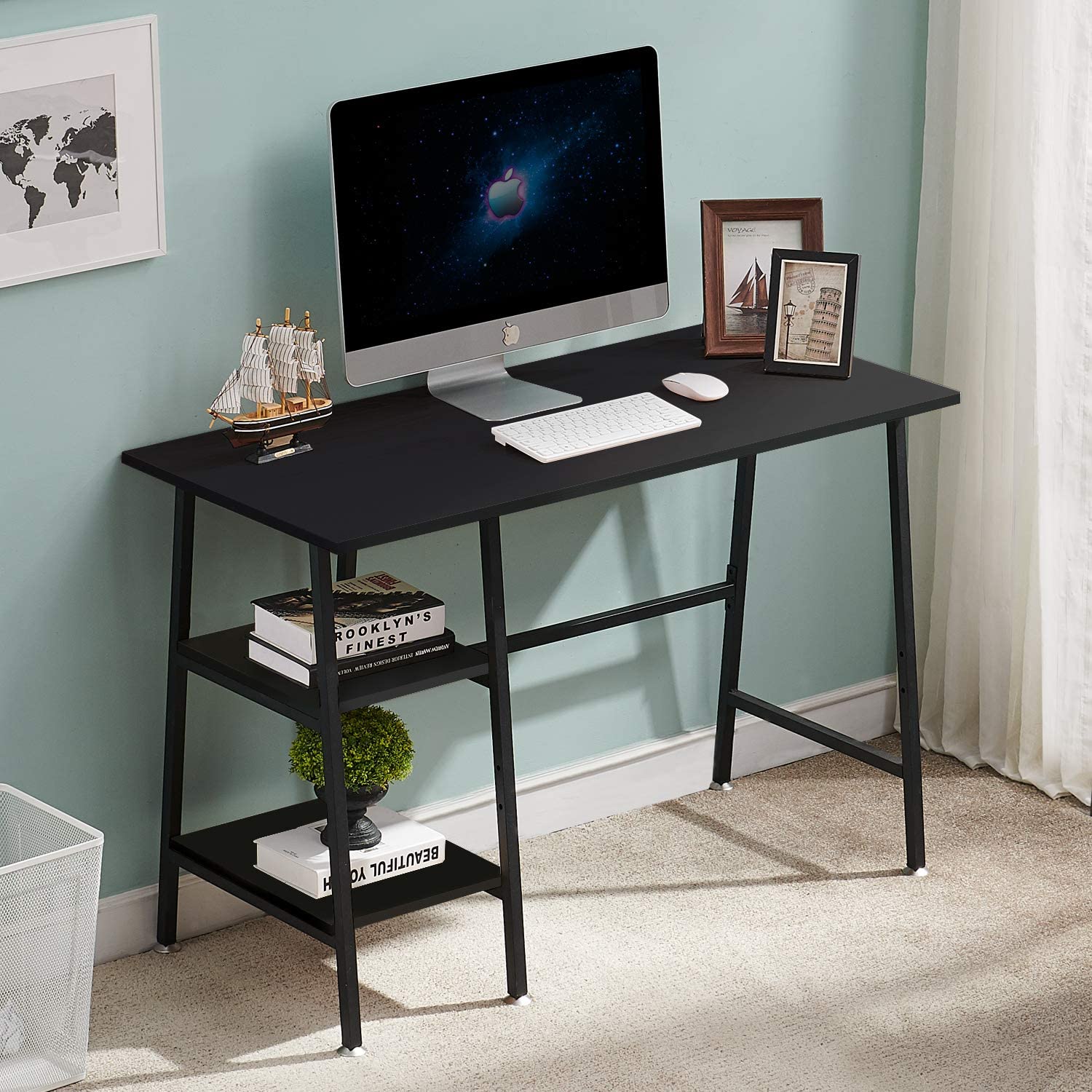 VECELO Computer Writing Desk with 2 Tier Storage Shelves, Modern Simple Student Study Table - VECELO