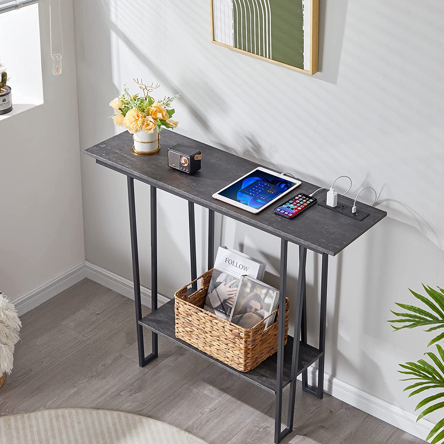 VECELO Couch Side & Console Table with 2 Outlets & 2 USB Ports - VECELO