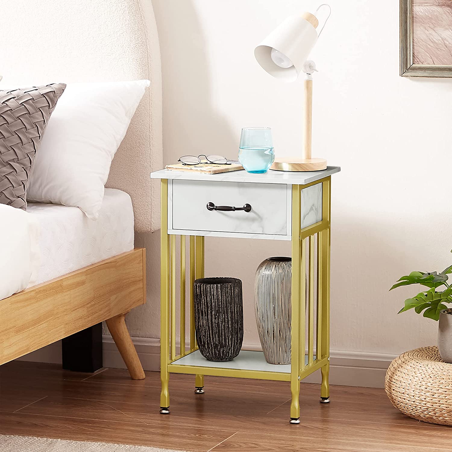 VECELO Industrial End Table,Nightstand with Drawer and Storage Shelf