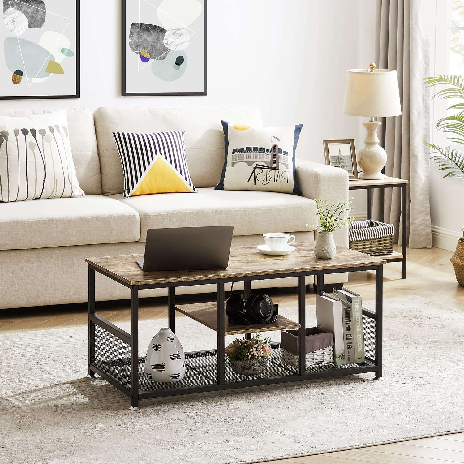 VECELO 39.4 Inch TV Stand/Coffee Table with Storage and Mesh Shelf for Living Room - VECELO