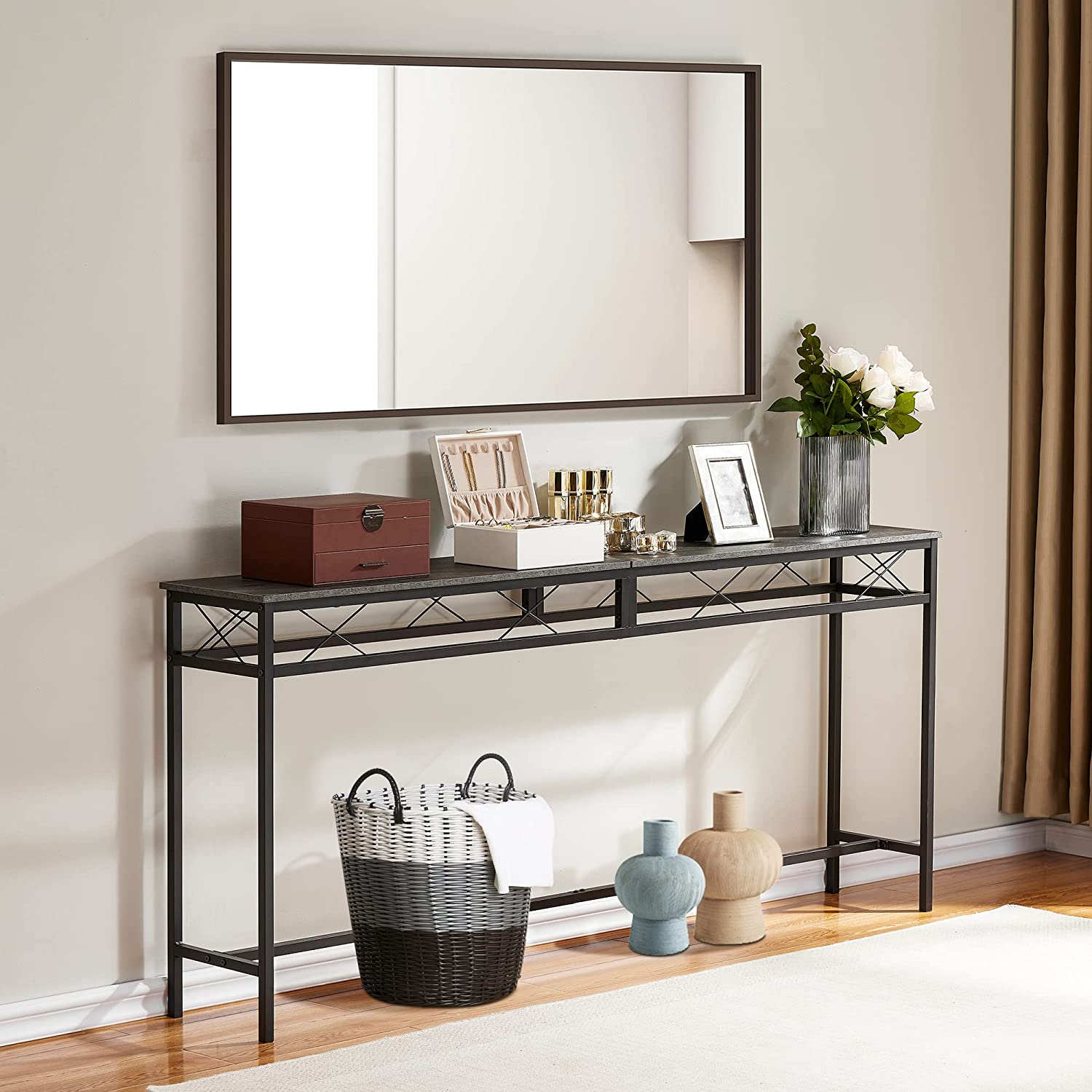 VECELO Extra Long Narrow Sofa/Console Table with Charging Station & Power Outlet and USB Ports