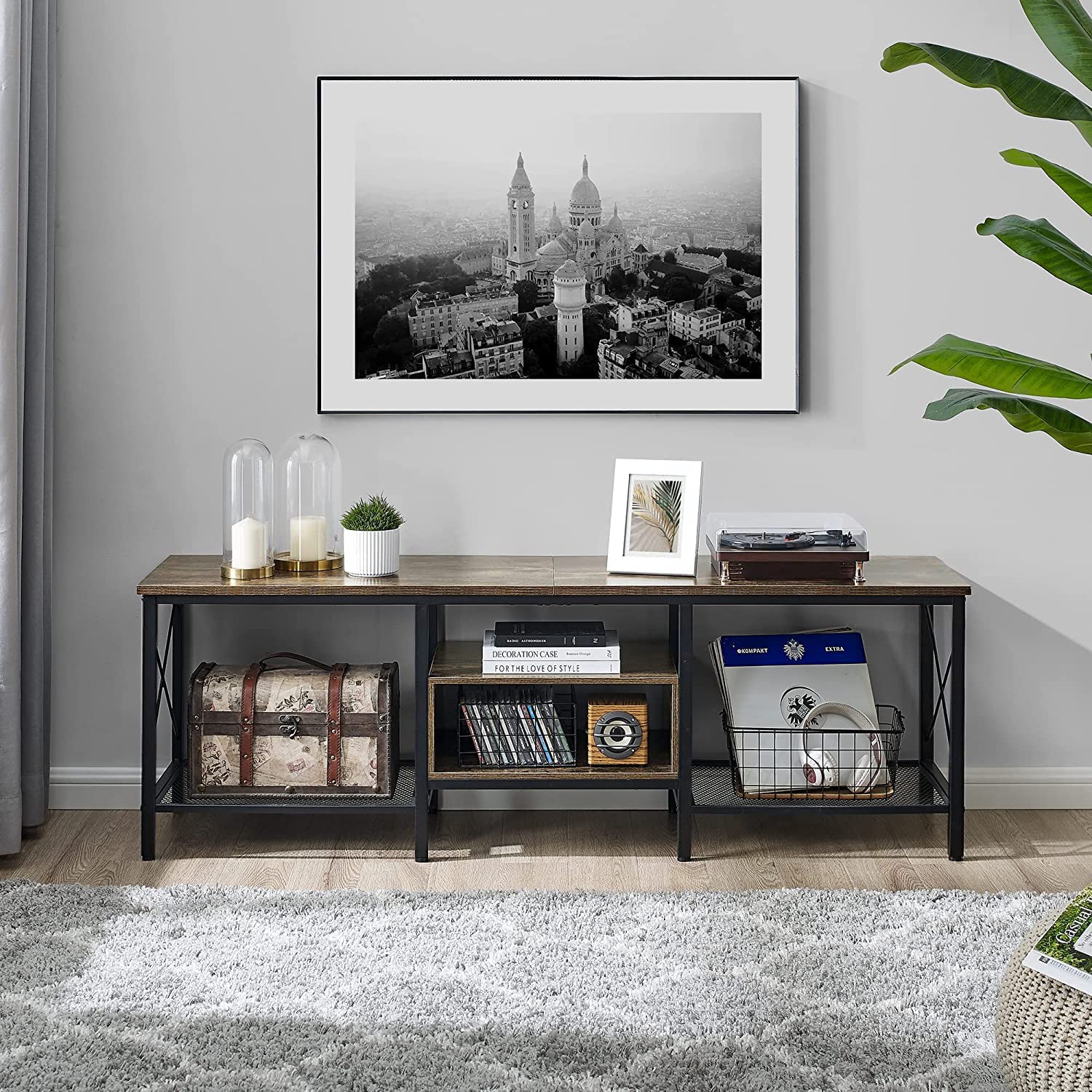 VECELO Industrial TV Stand Television Cabinet 3-Tier Console with Open Storage Shelves, Entertainment Center with Metal Frame for Living Room