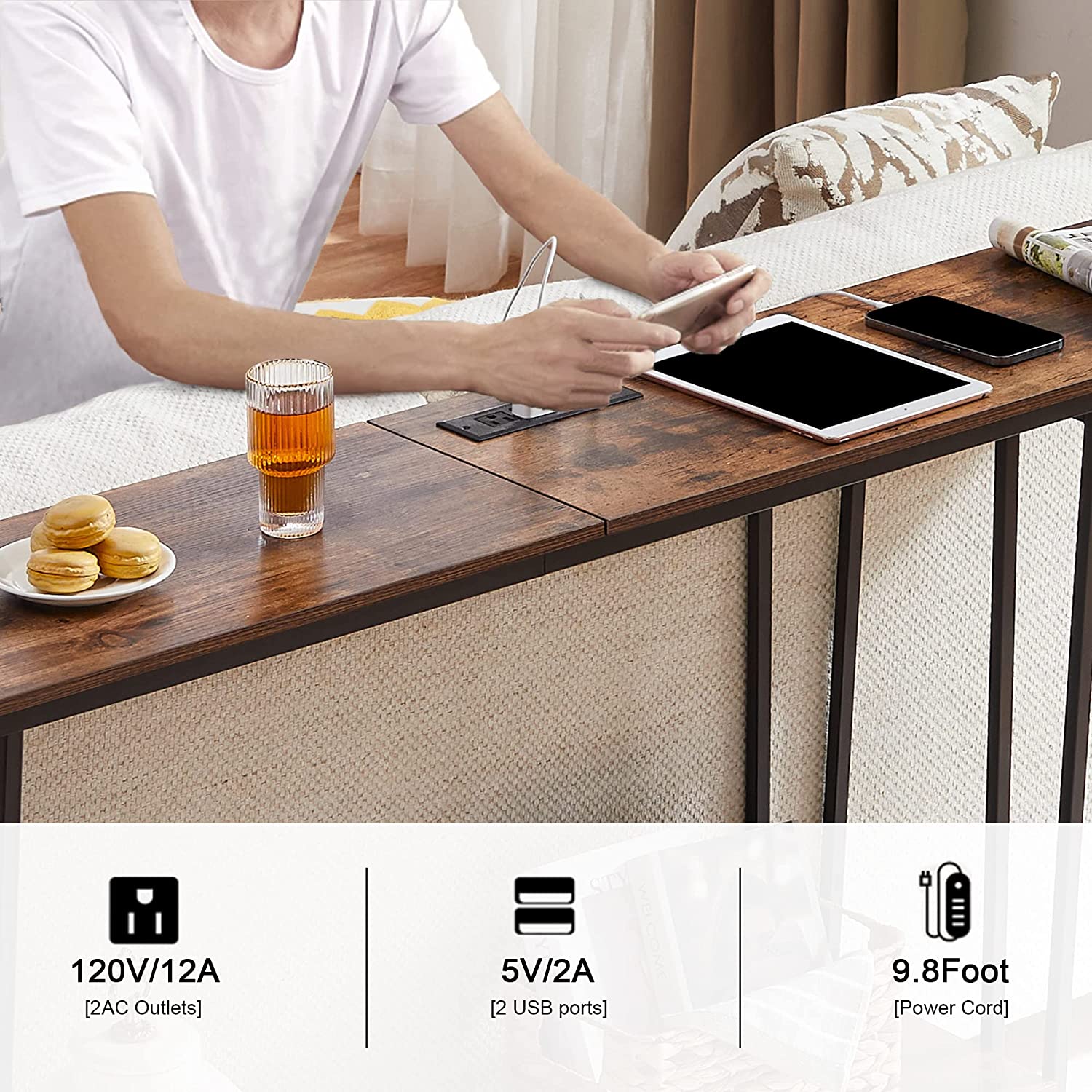 VECELO Couch Side & Console Table with 2 Outlets & 2 USB Ports - VECELO
