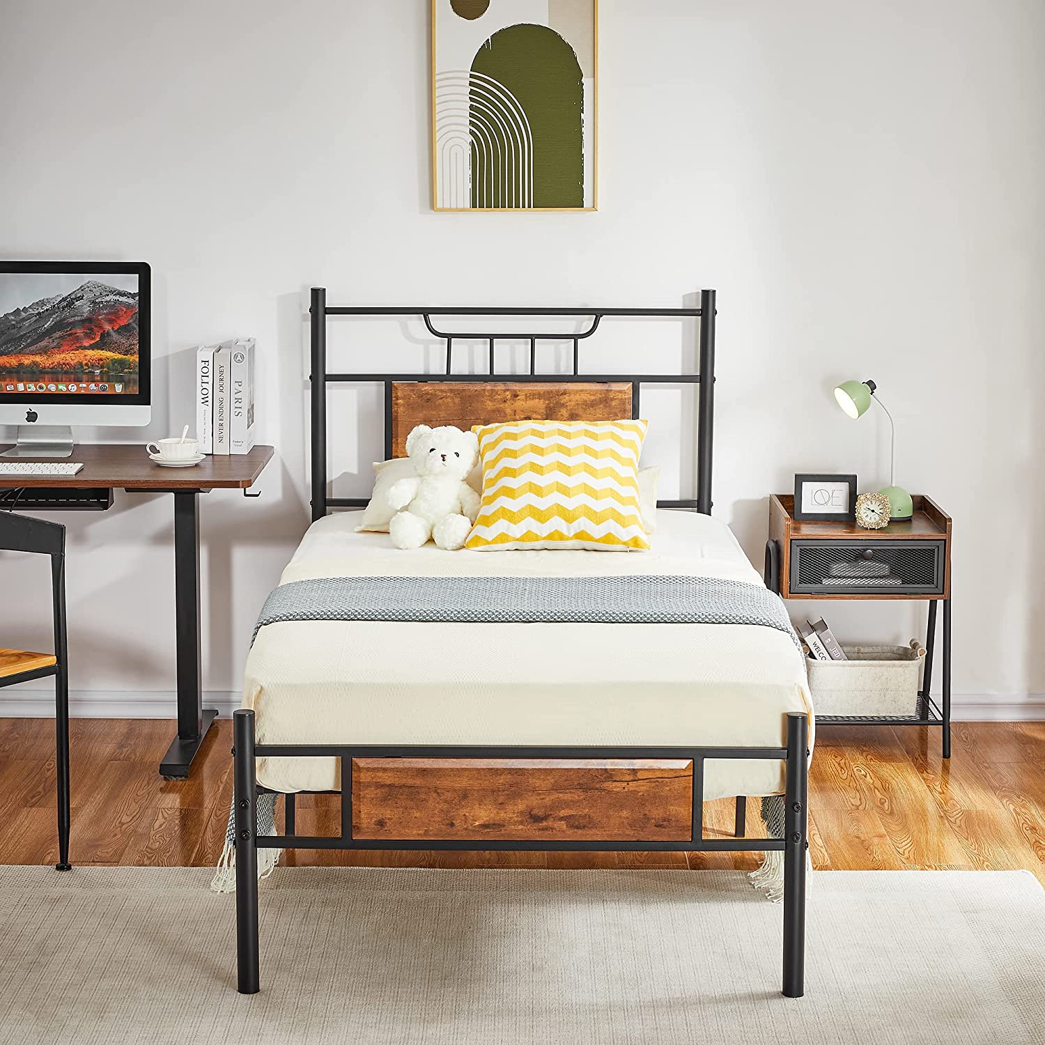 VECELO Platform Bed Frame with Wood Headboard No Box Spring Needed Heavy Duty Steel Slat