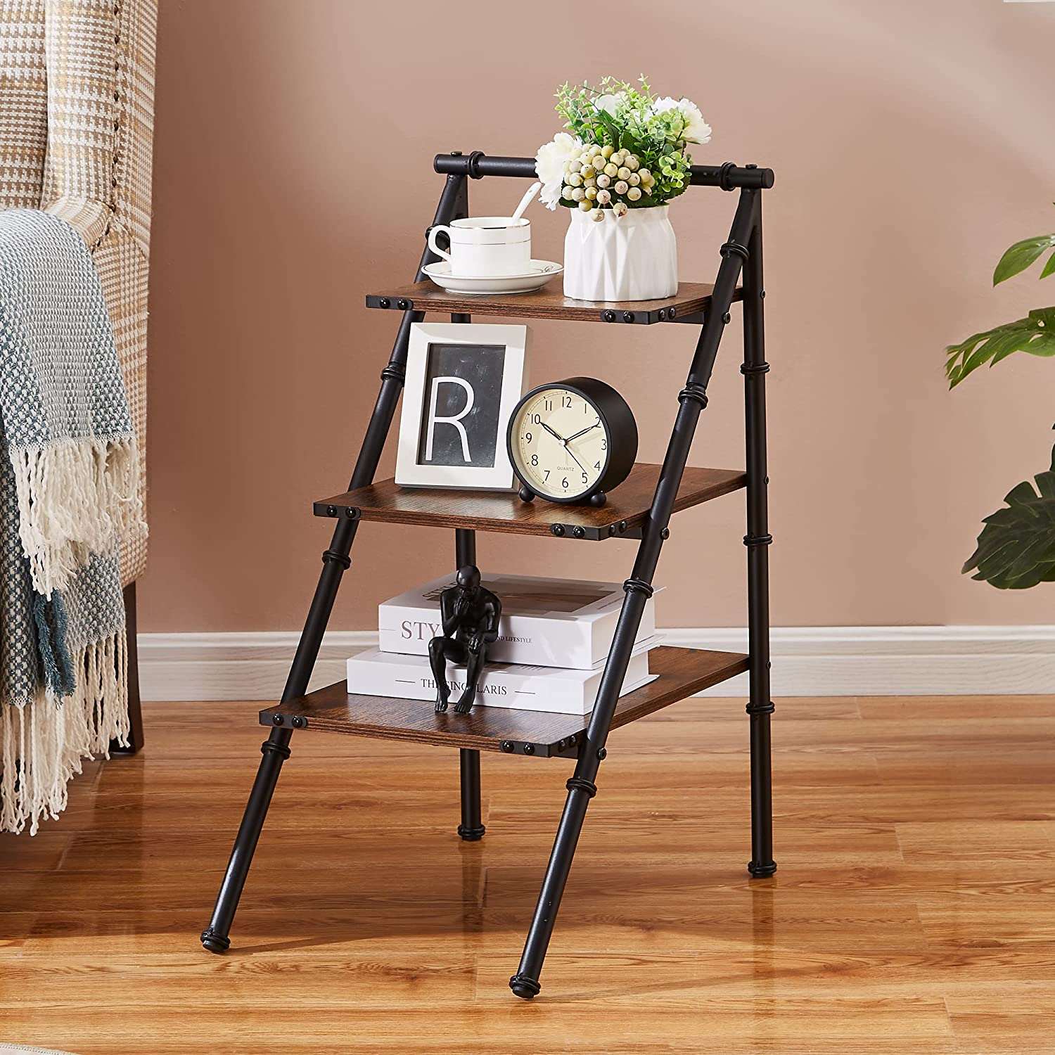 VECELO 3-Tier Ladder Shelf 26" Storage Rack with Open Wood Shelving Unit - VECELO
