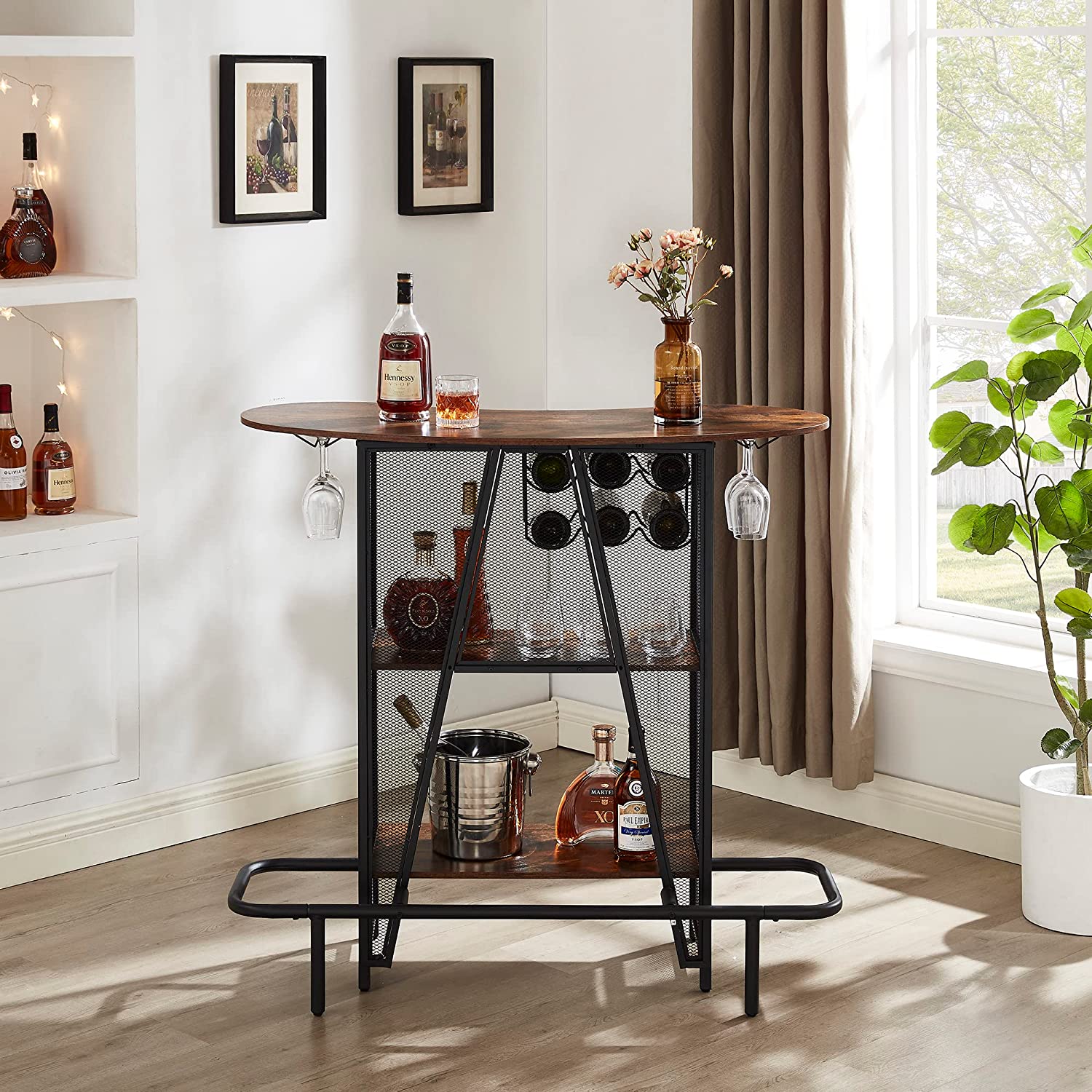 VECELO Bar Unit with Metal Mesh Front, 3-Tier Wine Rack Table with Glasses Holder - VECELO