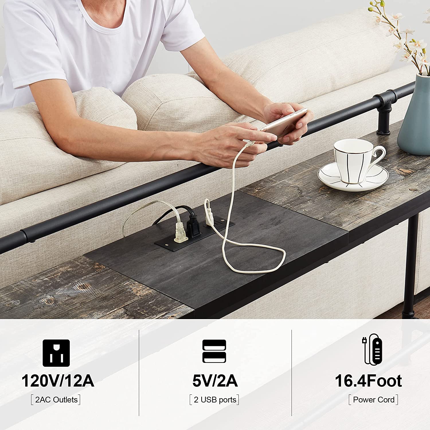 VECELO Extra Long Console/Sofa Table with Charging Station&Power Outle - VECELO