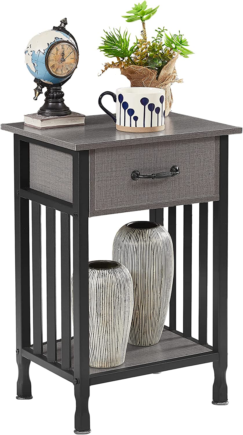 VECELO Industrial End Table,Nightstand with Drawer and Storage Shelf