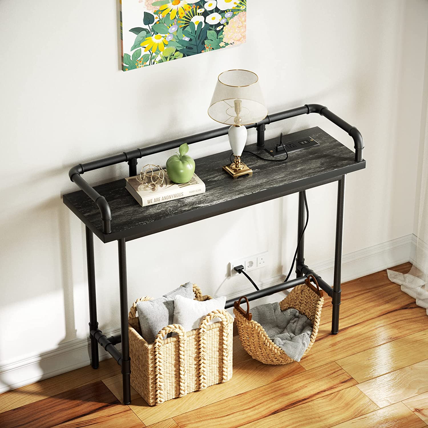 VECELO Extra Long Console/Sofa Table with Charging Station&Power Outle - VECELO