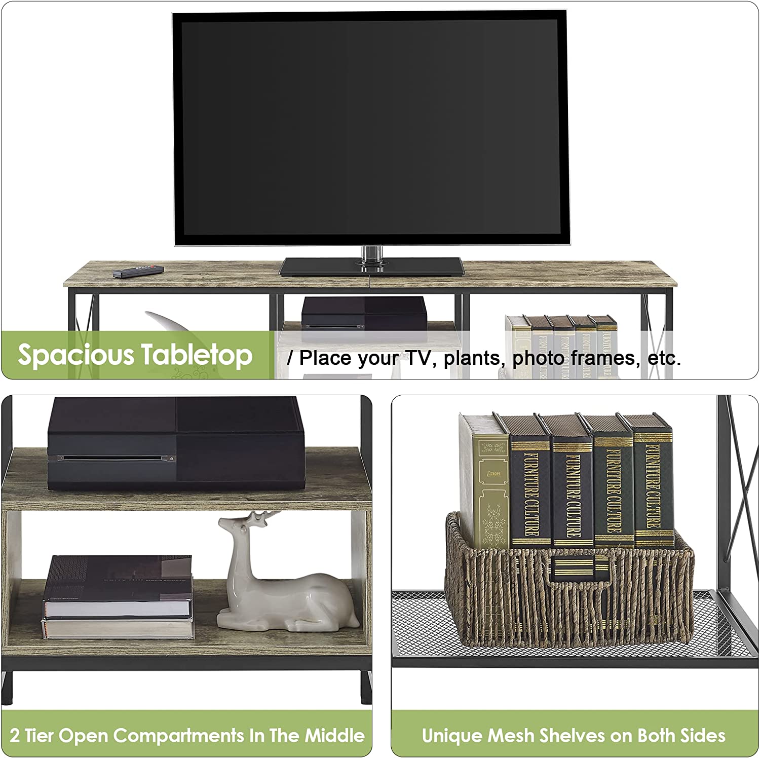 VECELO Industrial TV Stand Television Cabinet 3-Tier Console with Open Storage Shelves, Entertainment Center with Metal Frame for Living Room