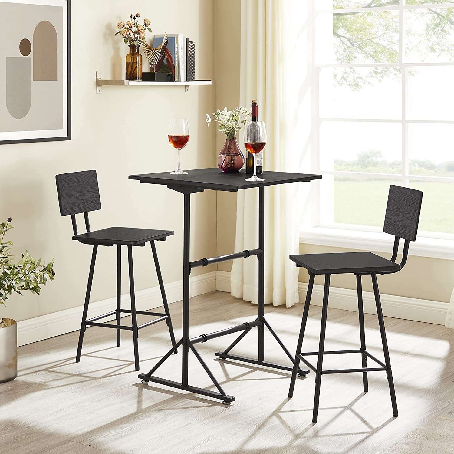 VECELO 3 Piece Bar Table Set, Wood Rectangle Counter Height Dinette with 2 Bistro Stools for Kitchen Breakfast Nook