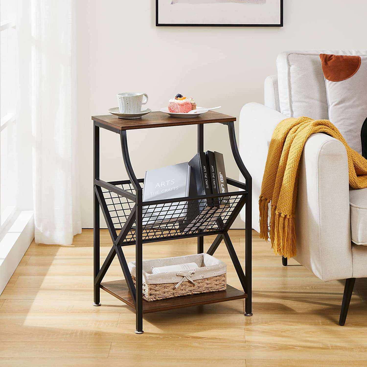 VECELO 3-Tier End Table with Storage Magazine Holder - VECELO