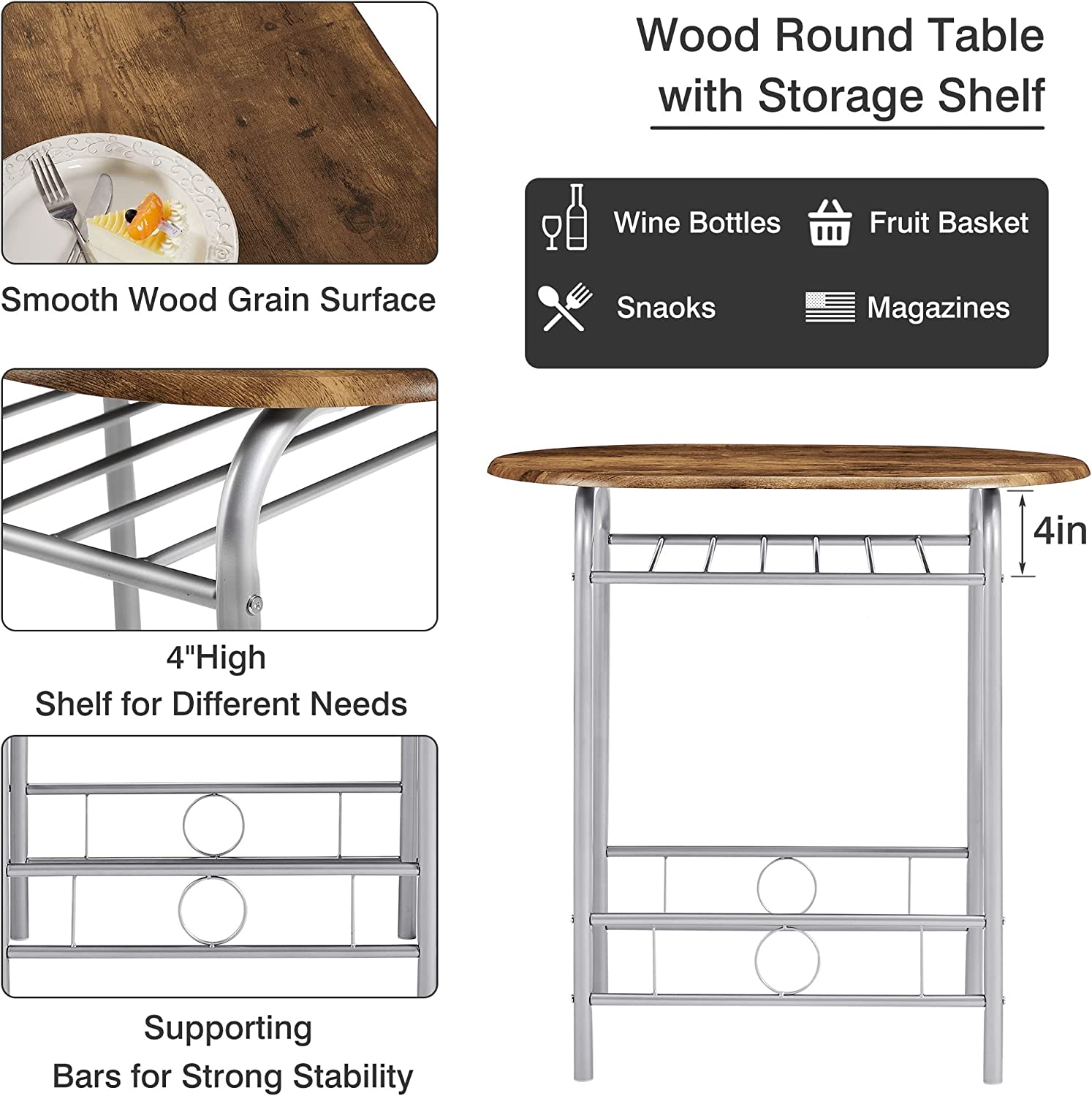 VECELO 3 Piece Wood Round Table & Chair Set with Wine Storage Rack for Dining Room Kitchen Bar Breakfast - VECELO