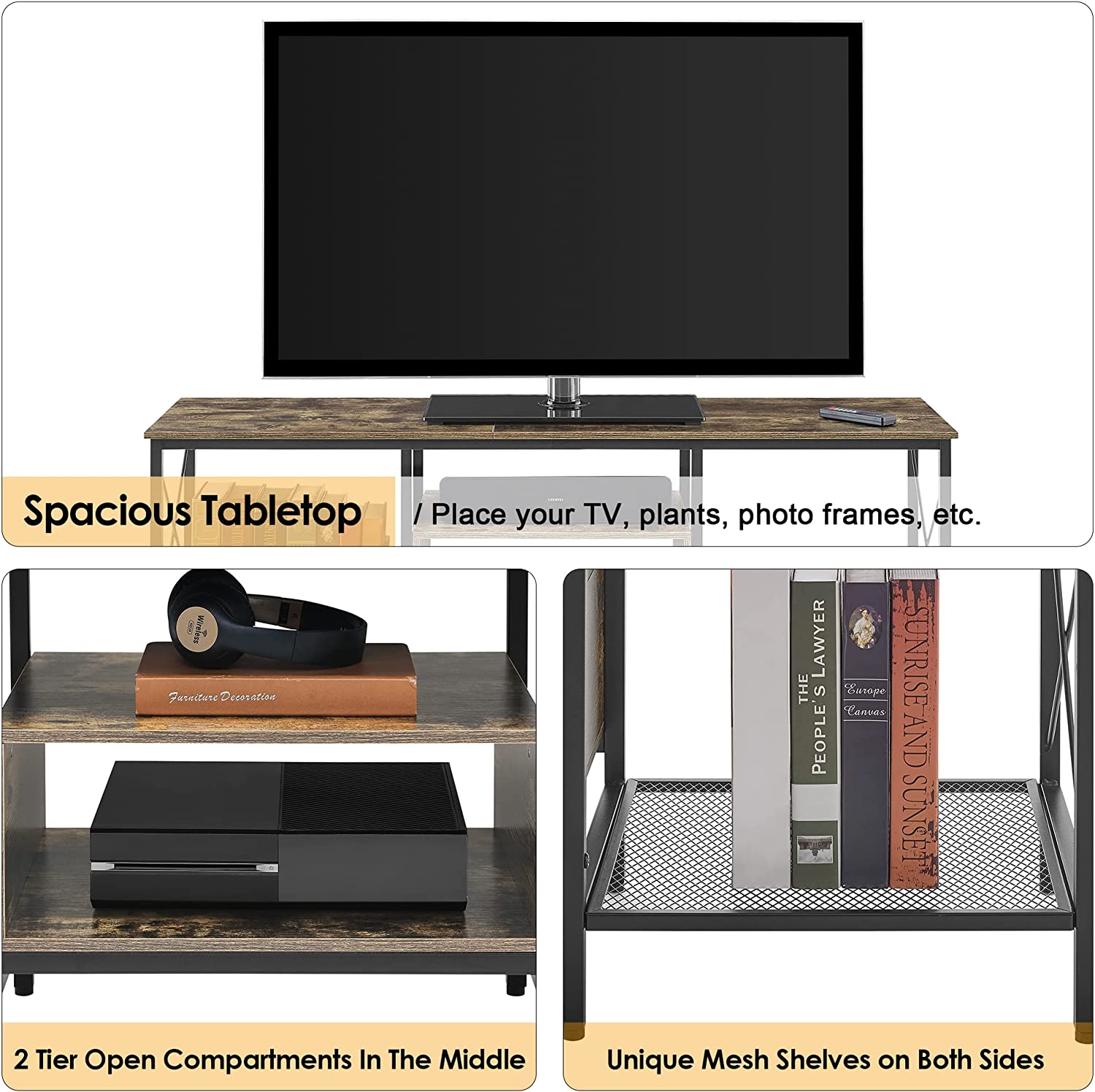 VECELO Industrial TV Stand Television Cabinet 3-Tier Console with Open Storage Shelves, Entertainment Center with Metal Frame for Living Room