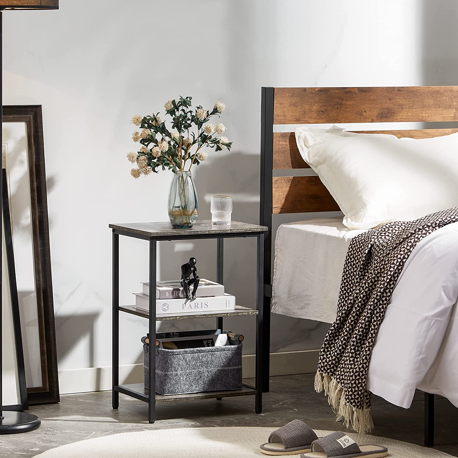 VECELO End Side Table with Storage Shelves Industrial Night Stand, 3-Tier Slim Nightstand for Living Room, Bedroom