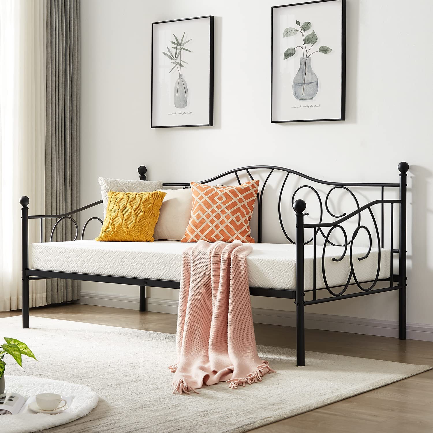 VECELO Metal Daybed Frame Multifunctional Platform Bed Sofa Mattress Foundation with Deluxe Headboard, Black