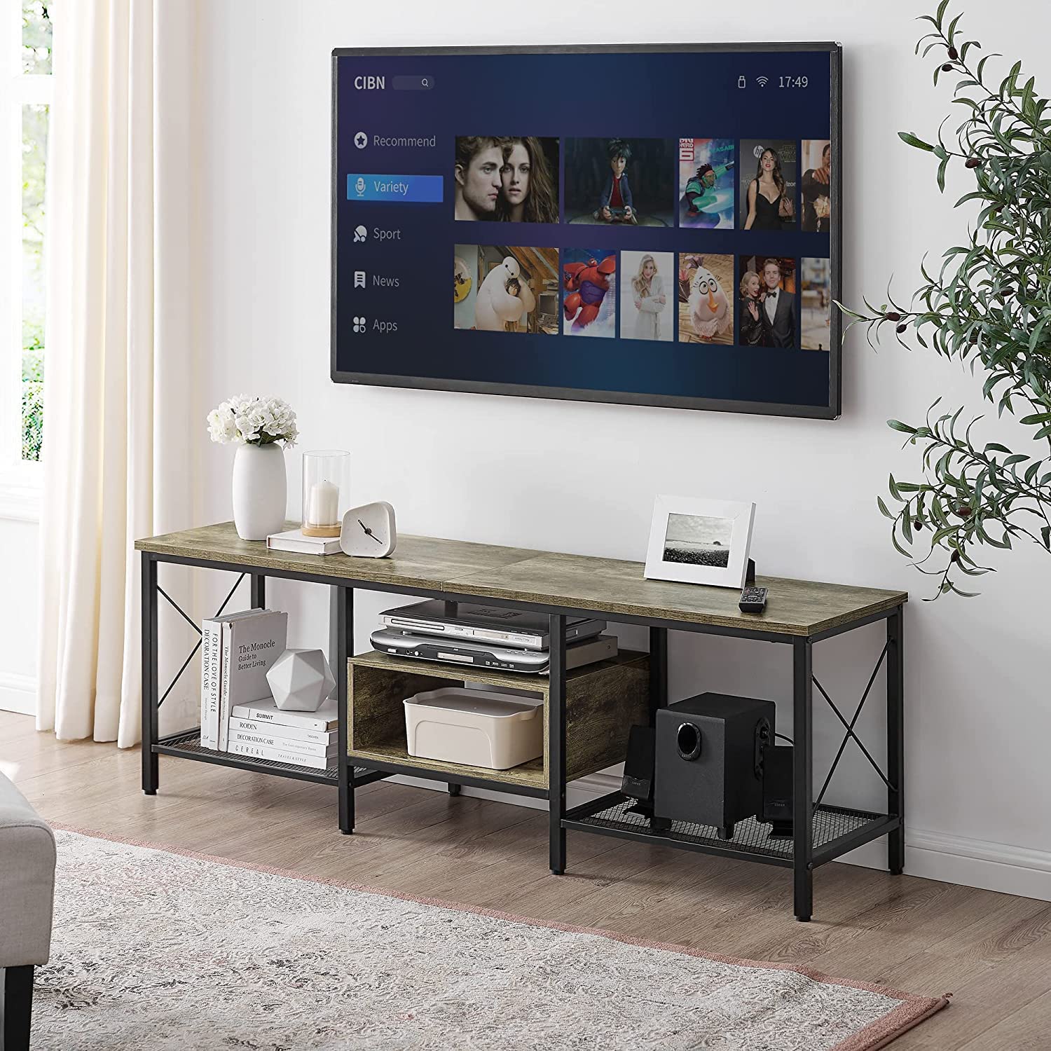 VECELO Industrial TV Stand Television Cabinet 3-Tier Console with Open Storage Shelves, Entertainment Center with Metal Frame for Living Room