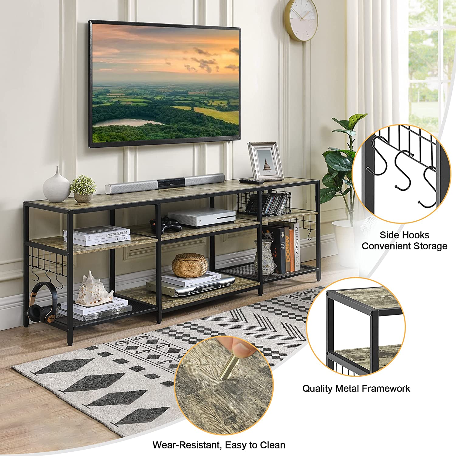 VECELO TV Stand Entertainment Center Media Console with 3-Tier Open Storage Shelves, Cabinet Table for Living Room Brown
