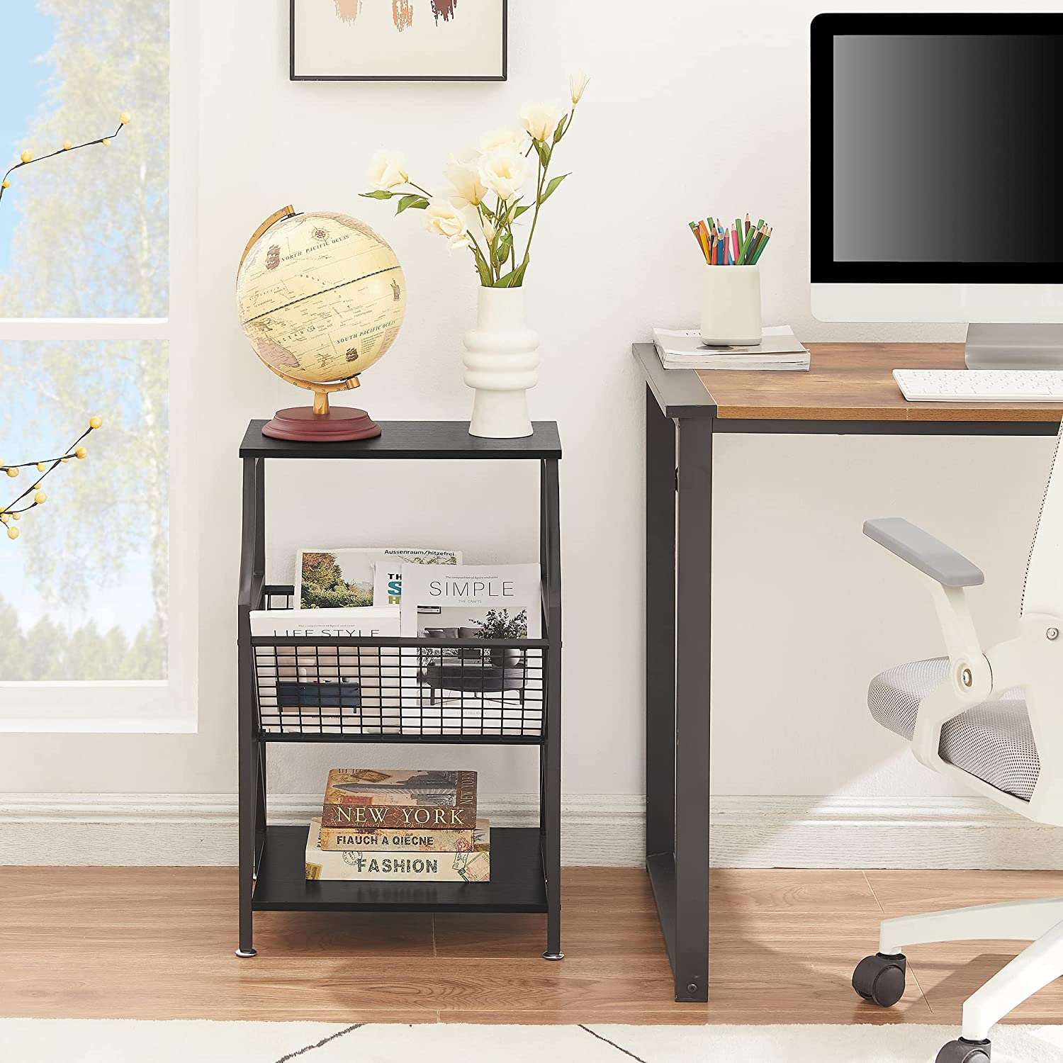 VECELO 3-Tier End Table with Storage Magazine Holder - VECELO