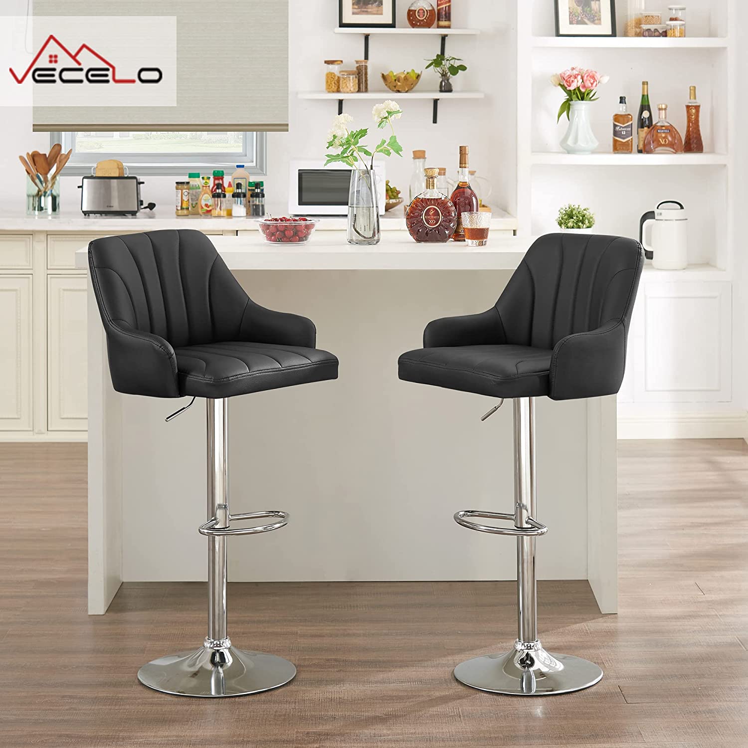 VECELO Adjustable Counter Height Bar Stools with Back and Arm Stools Set of 2 - VECELO
