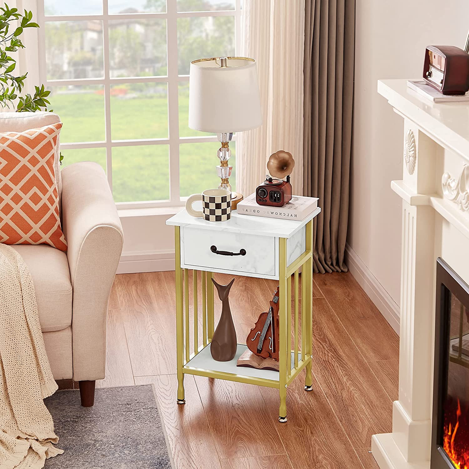 VECELO Industrial End Table,Nightstand with Drawer and Storage Shelf