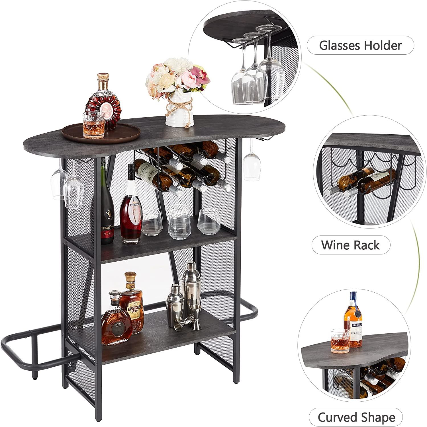 VECELO Bar Unit with Metal Mesh Front, 3-Tier Wine Rack Table with Glasses Holder - VECELO