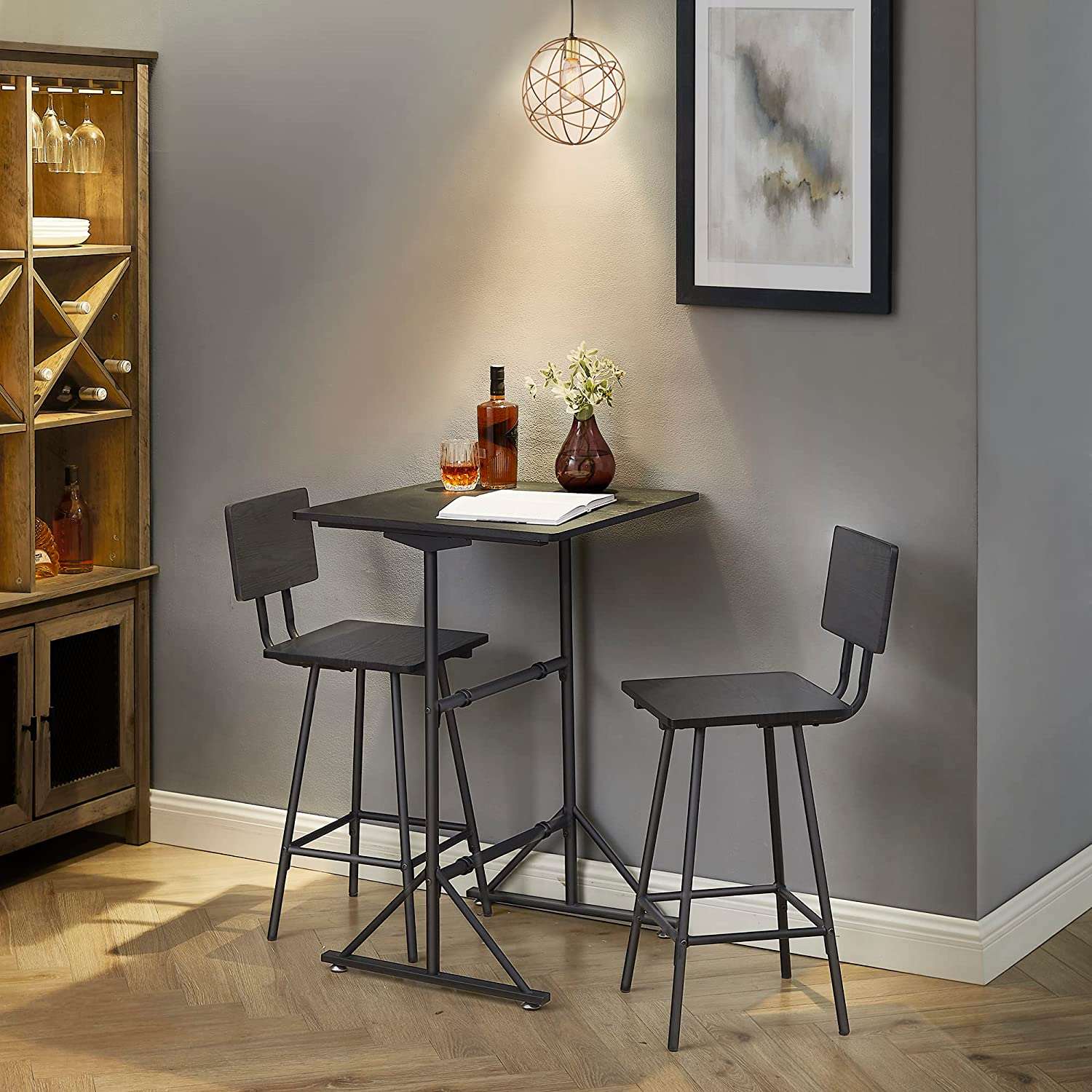 VECELO 3 Piece Bar Table Set, Wood Rectangle Counter Height Dinette with 2 Bistro Stools for Kitchen Breakfast Nook